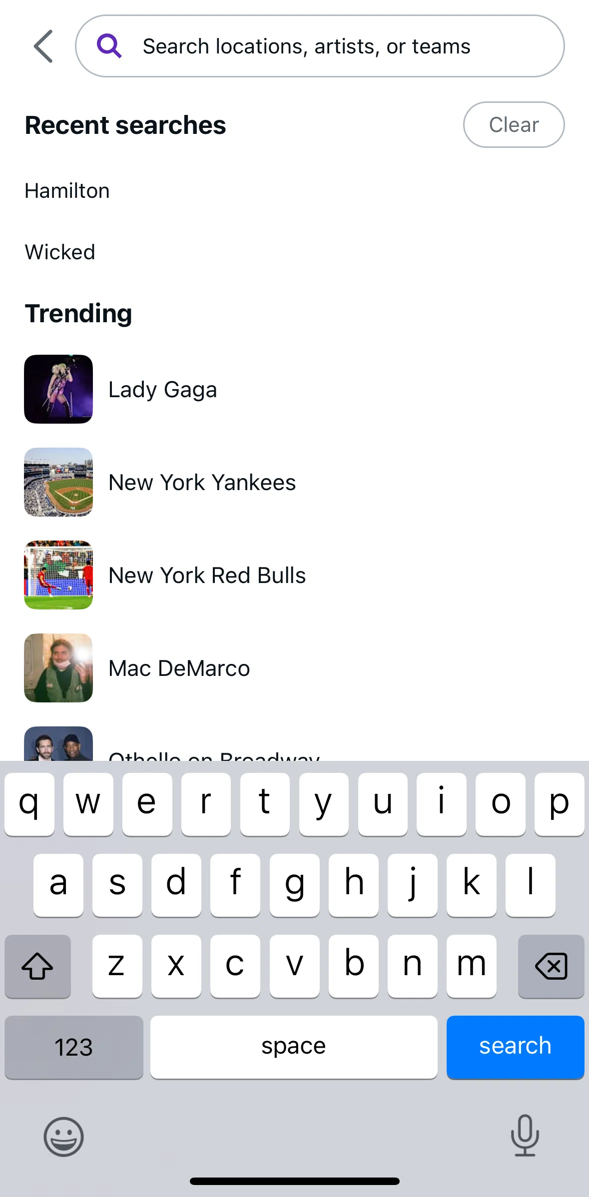StubHub Screen screen in the Clearing search history flow