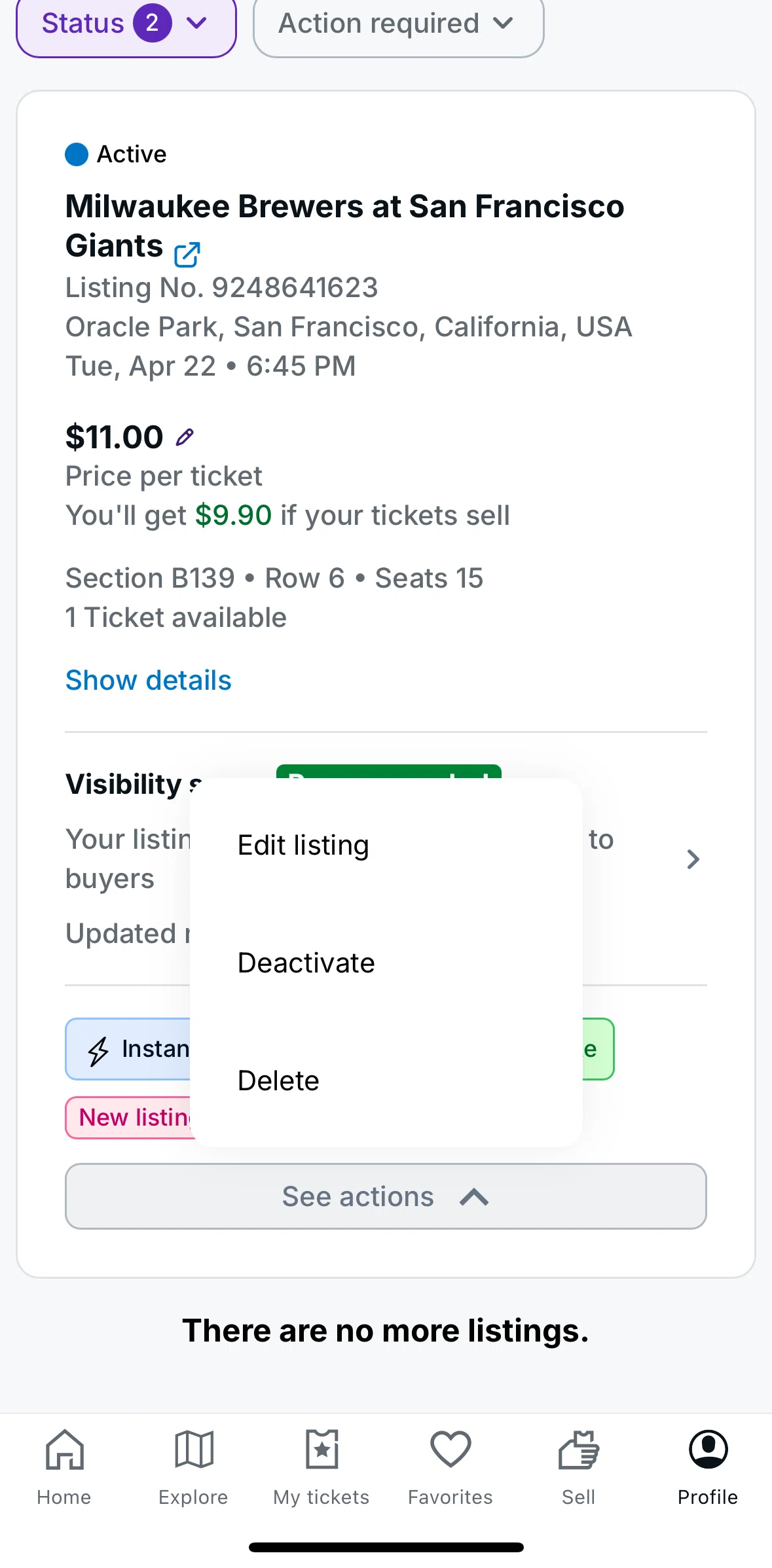 StubHub Screen screen in the Editing a listing flow