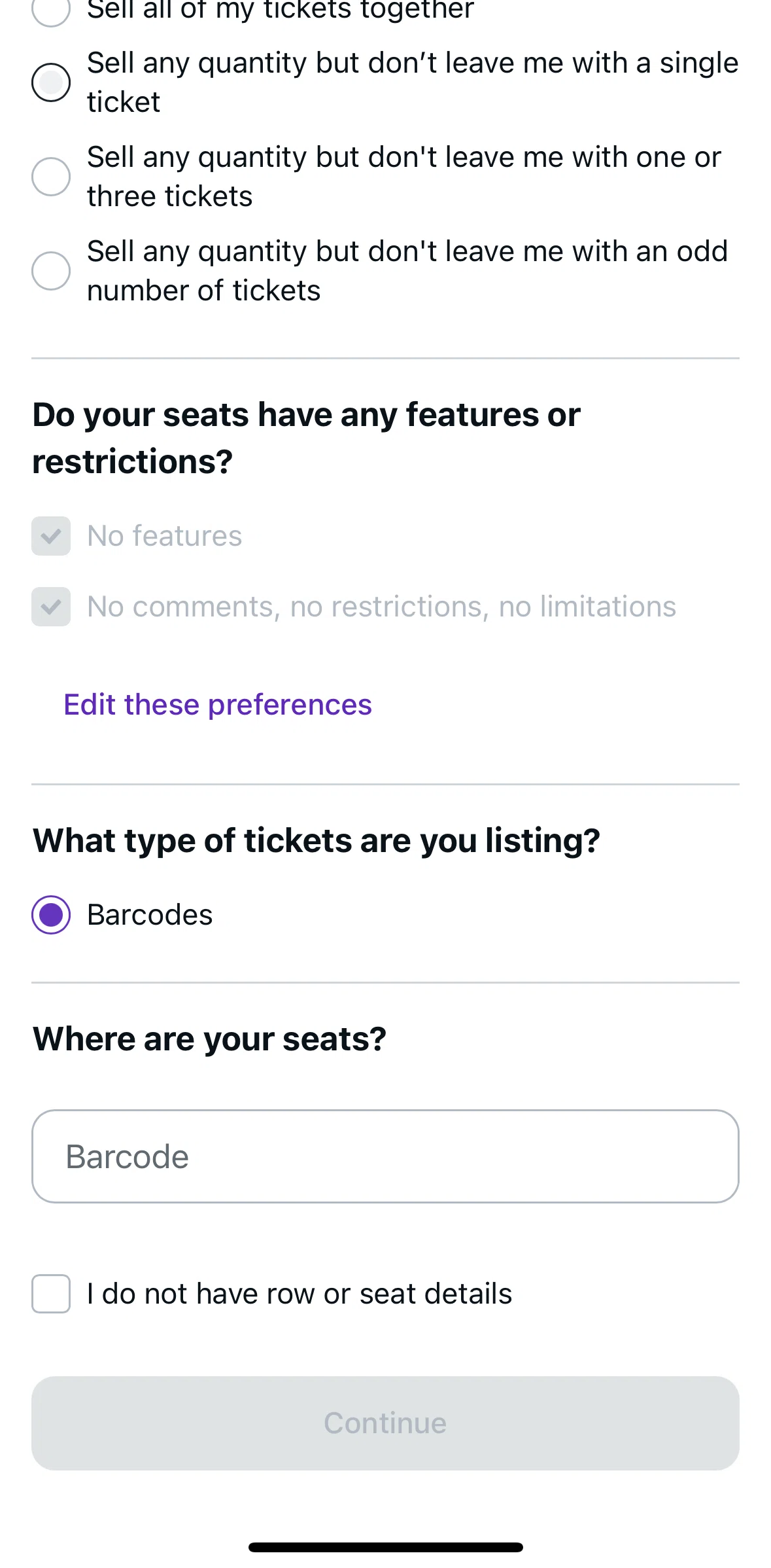StubHub Screen screen in the Editing seat preferences flow
