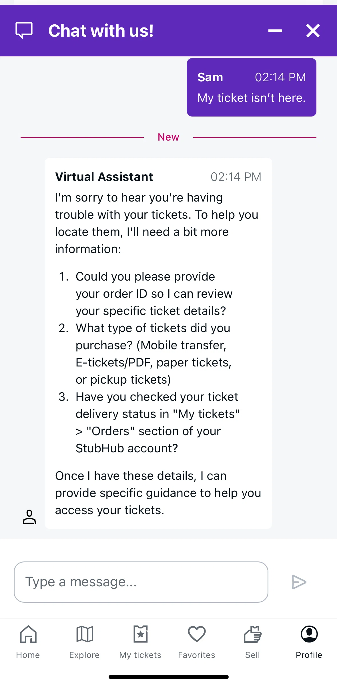 StubHub Screen screen in the Ending a chat flow