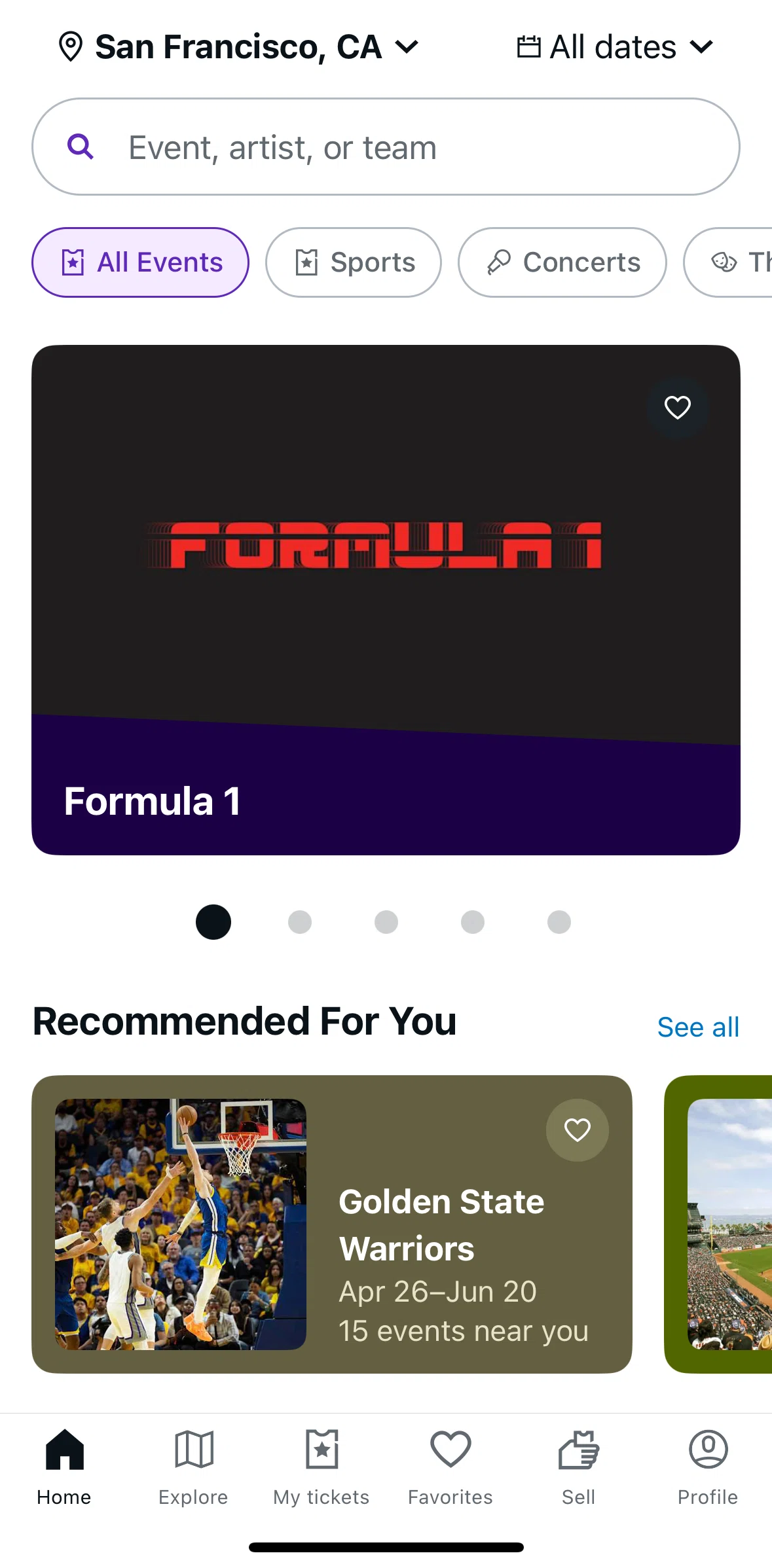 StubHub Screen screen in the Explore flow