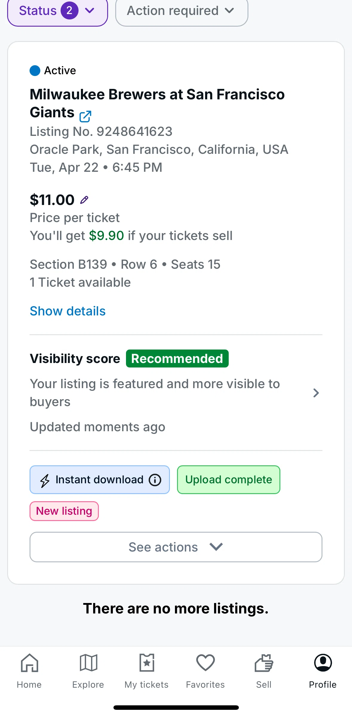 StubHub Screen screen in the Listing actions flow