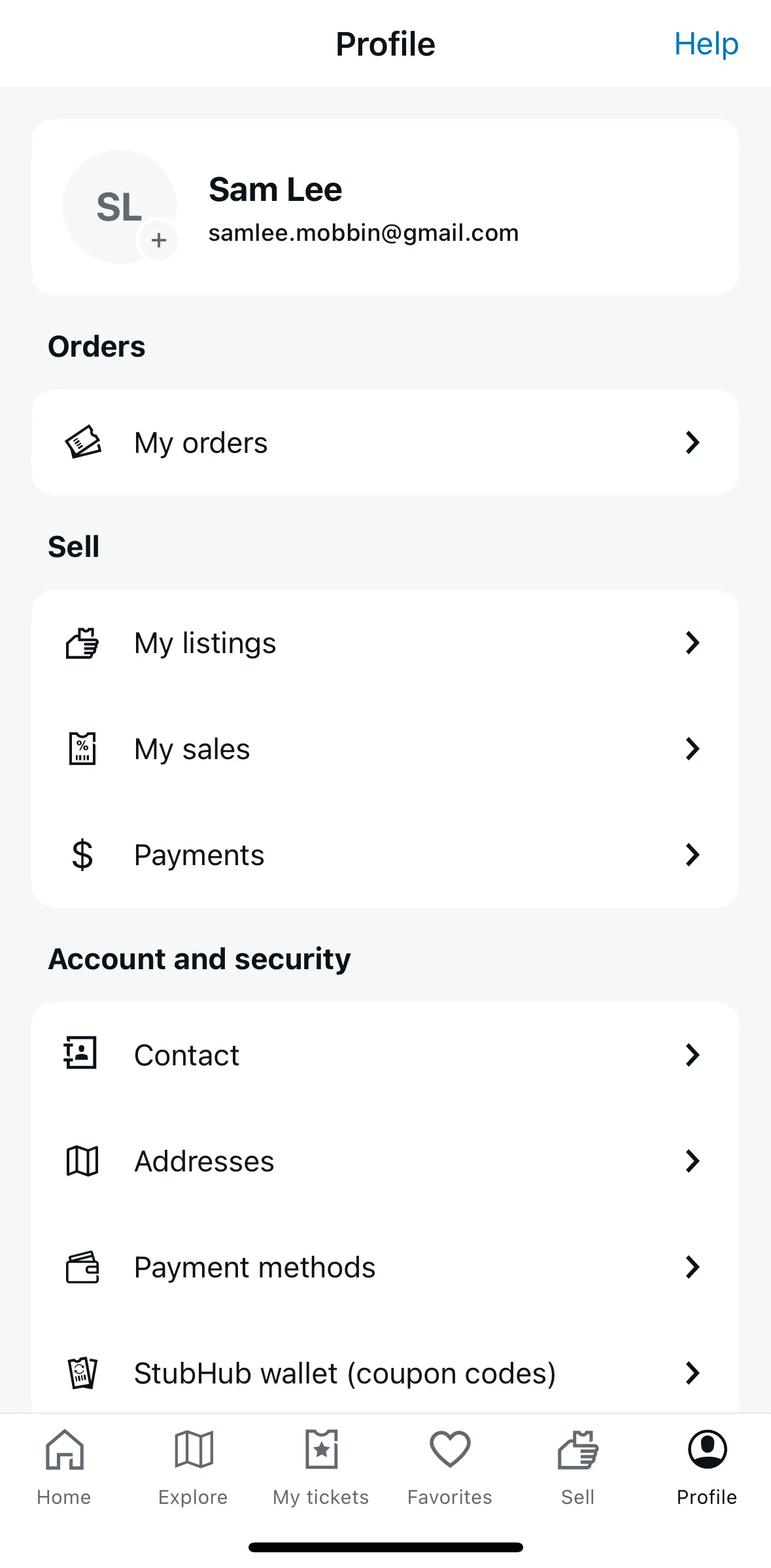 StubHub Screen screen in the Payment methods flow