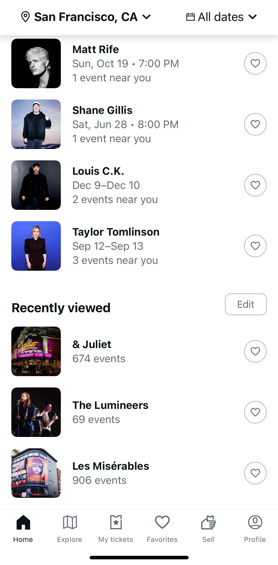 StubHub Screen screen in the Removing recently viewed event flow