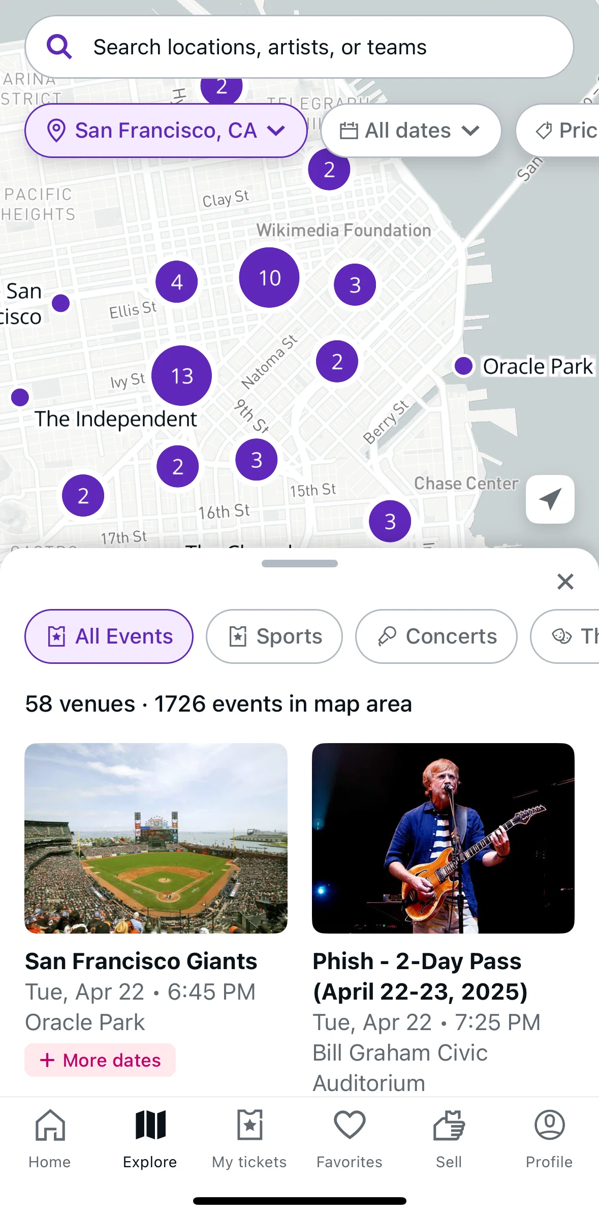 StubHub Screen screen in the Searching StubHub flow