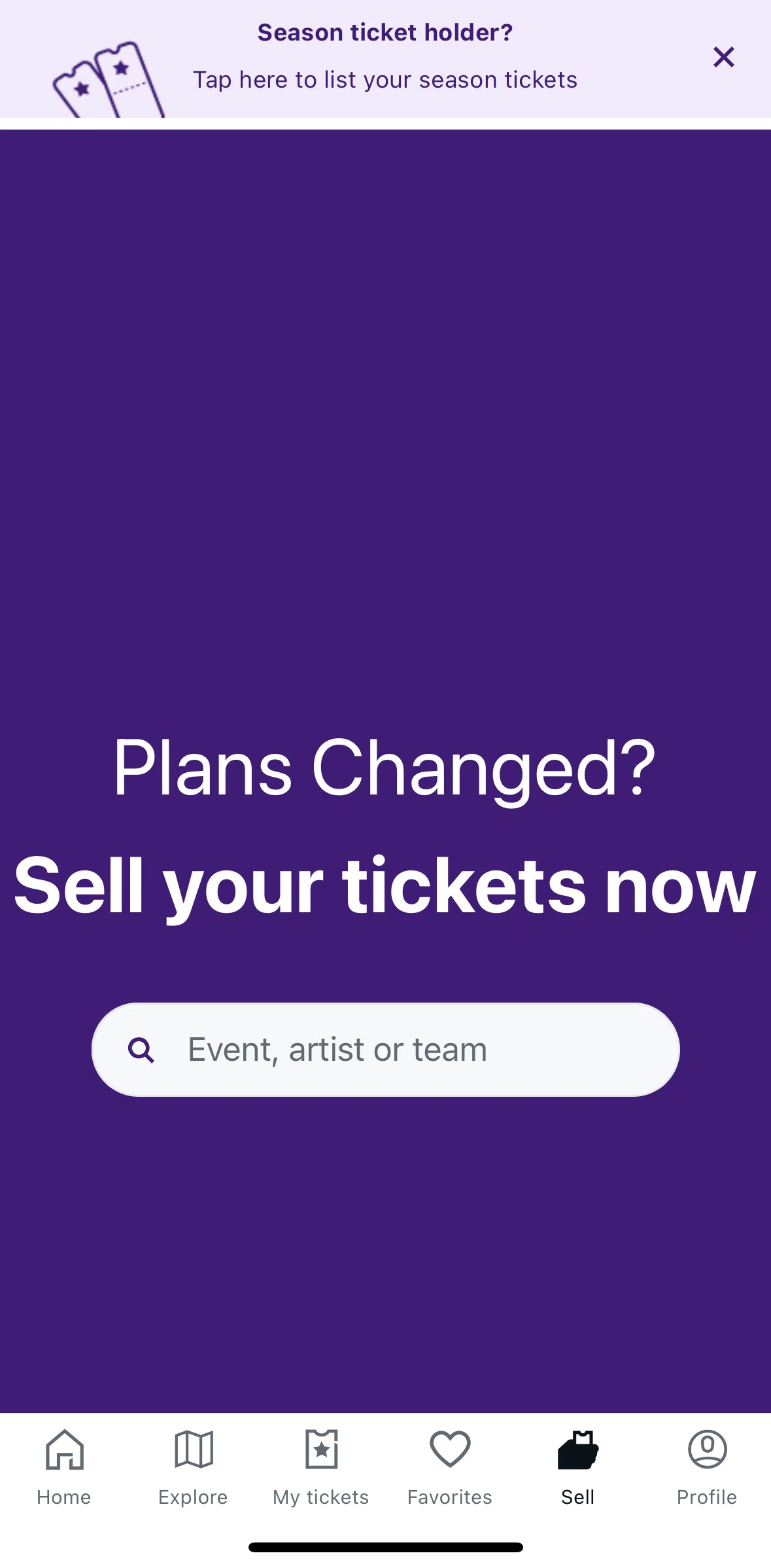 StubHub Screen screen in the Selling a ticket flow