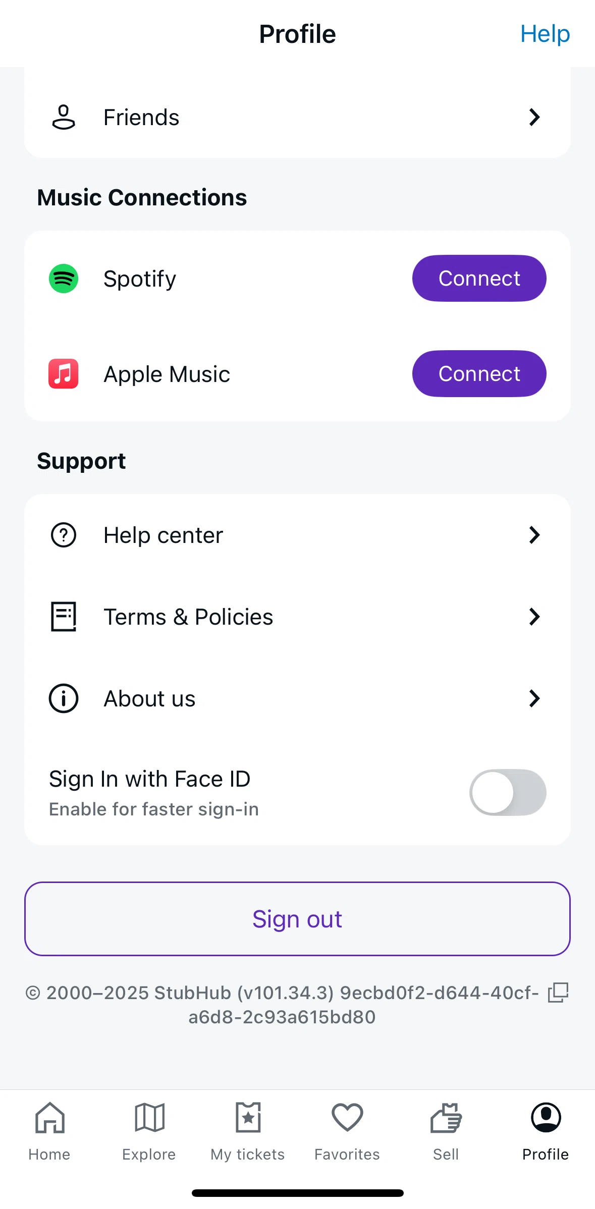 StubHub Screen screen in the Terms & policies flow