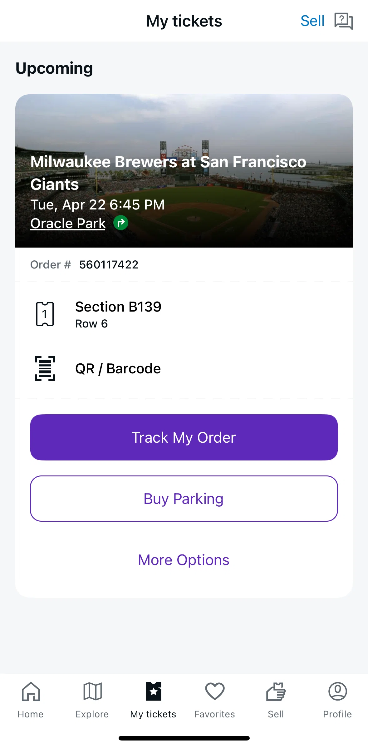 StubHub Screen screen in the Tracking an order flow