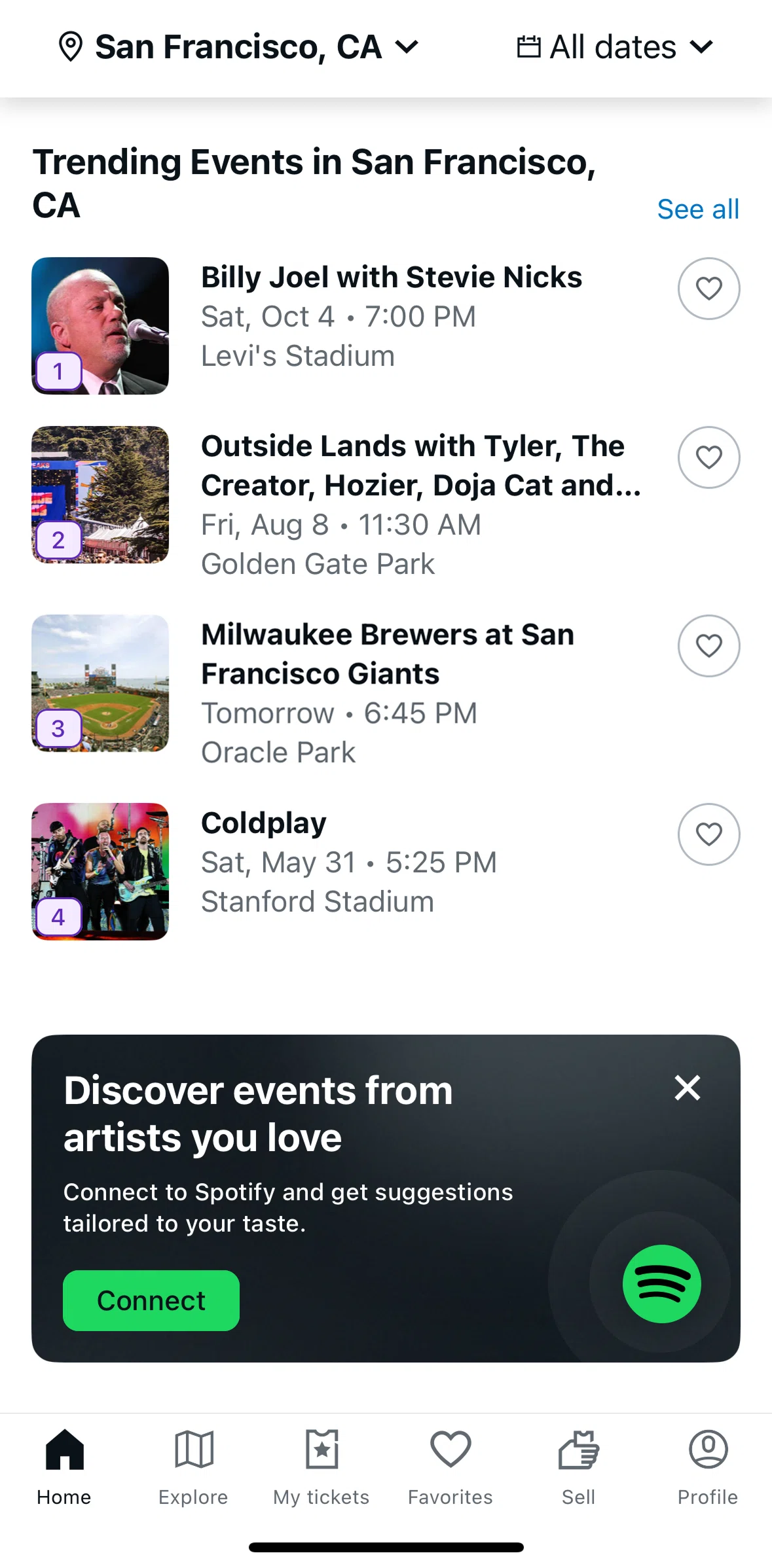 StubHub Screen screen in the Trending events flow