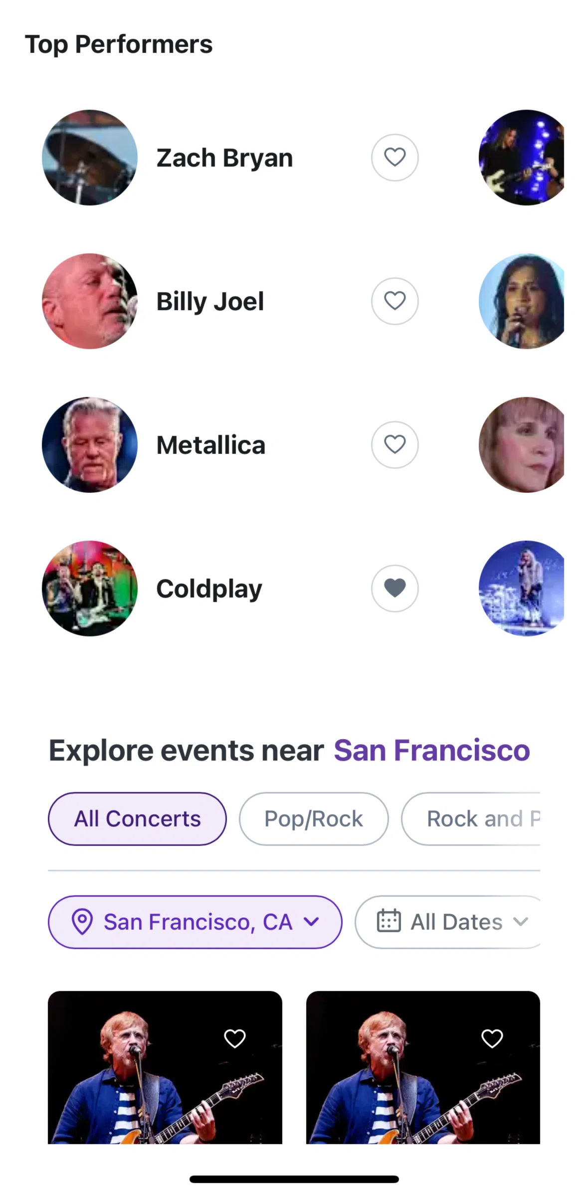 StubHub Screen screen in the View performer tickets flow