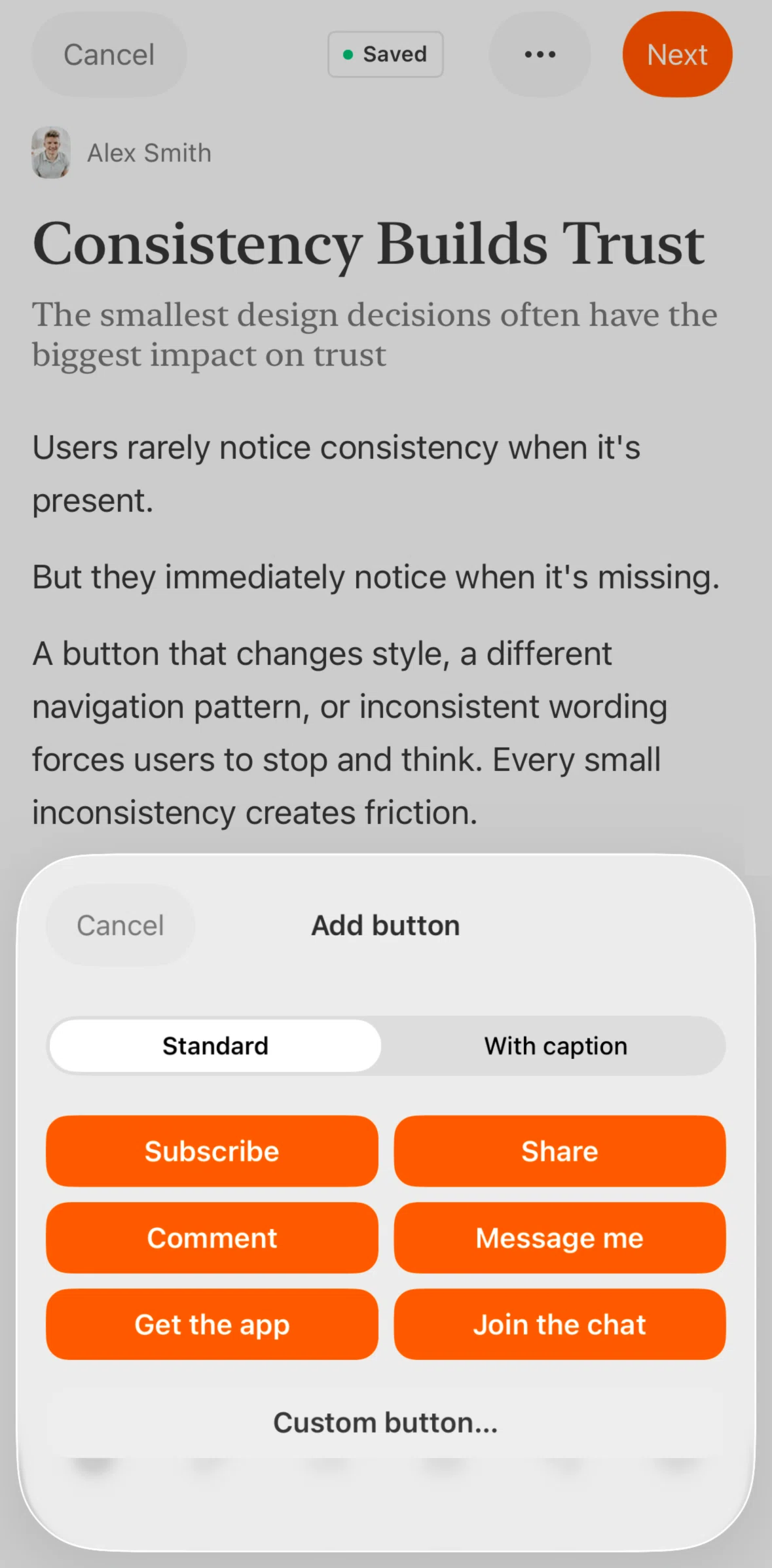 Substack Screen screen in the Adding a button (with caption) flow