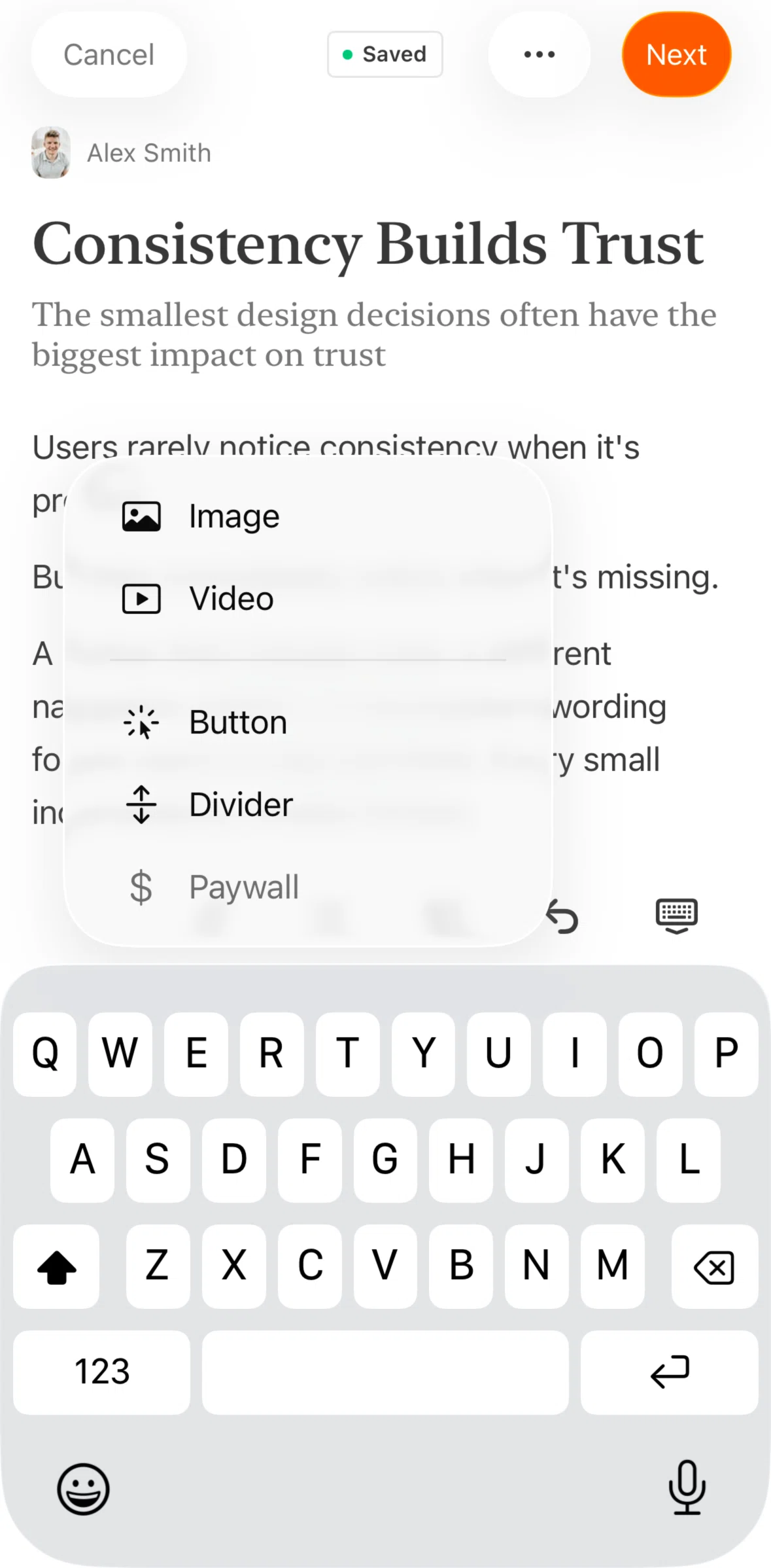 Substack Screen screen in the Adding a divider flow
