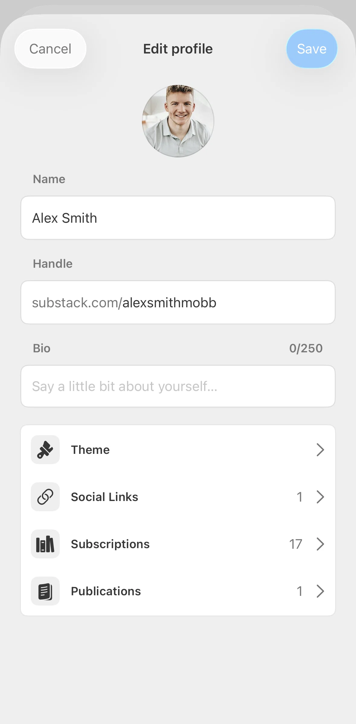 Substack Screen screen in the Adding a social link flow