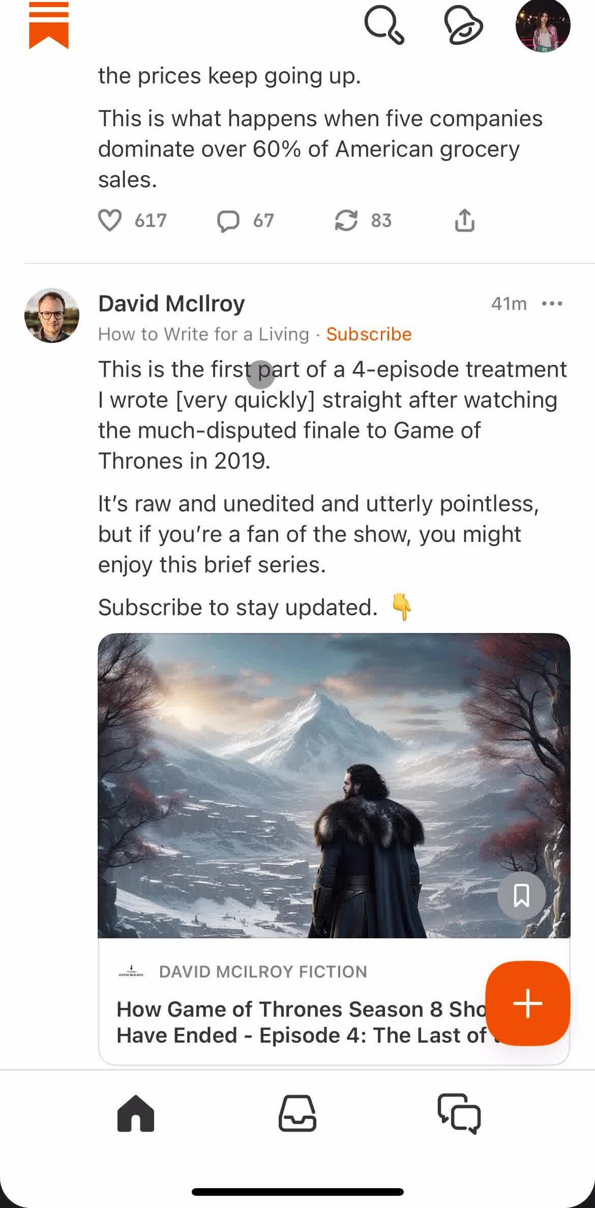 Substack Home screen in the Commenting flow