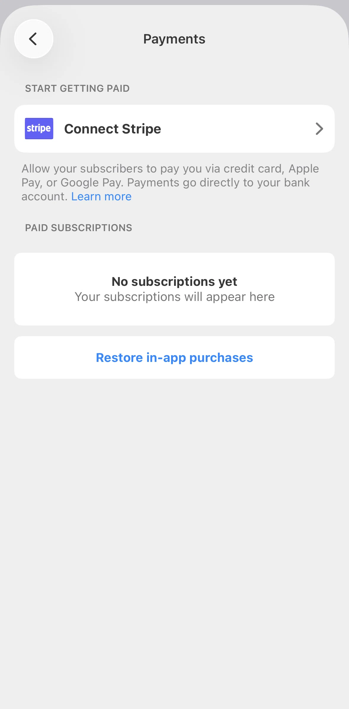 Substack Screen screen in the Connecting to Stripe flow