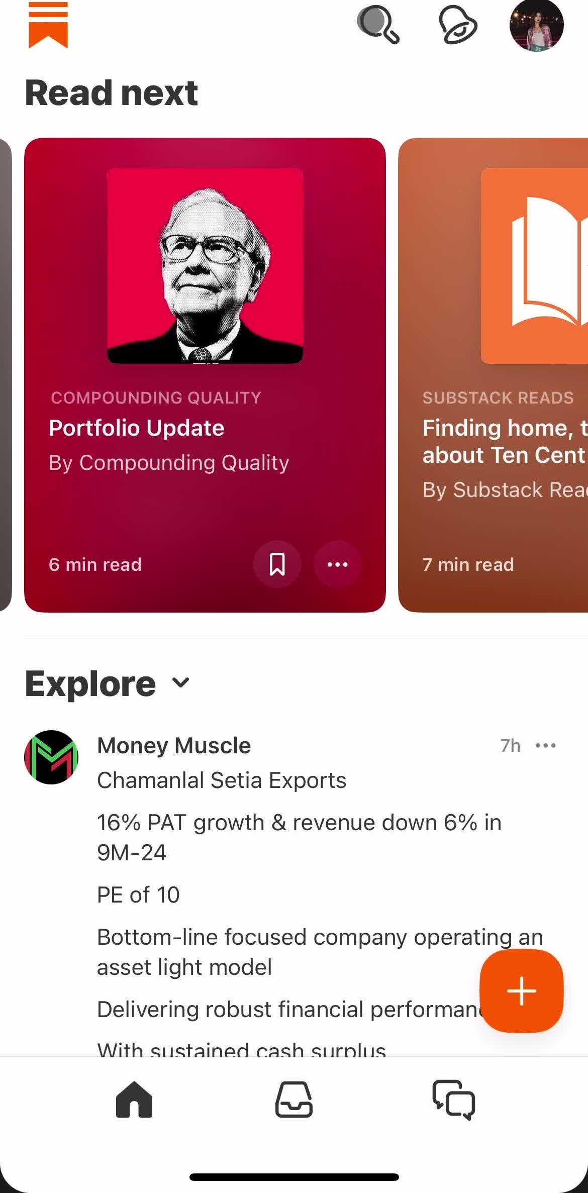 Substack Home screen in the Filtering And Sorting flow
