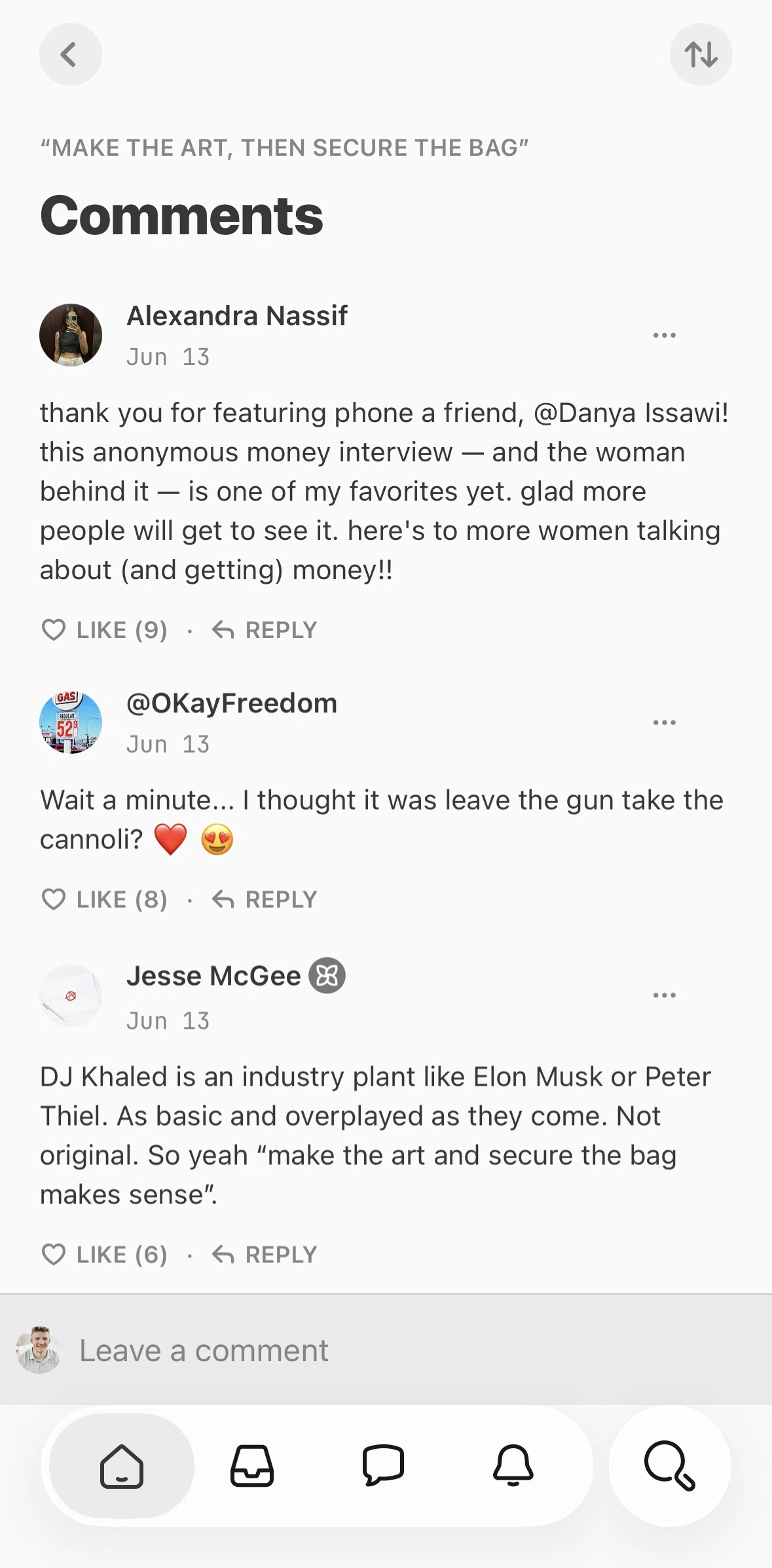 Substack Screen screen in the Liking a comment flow