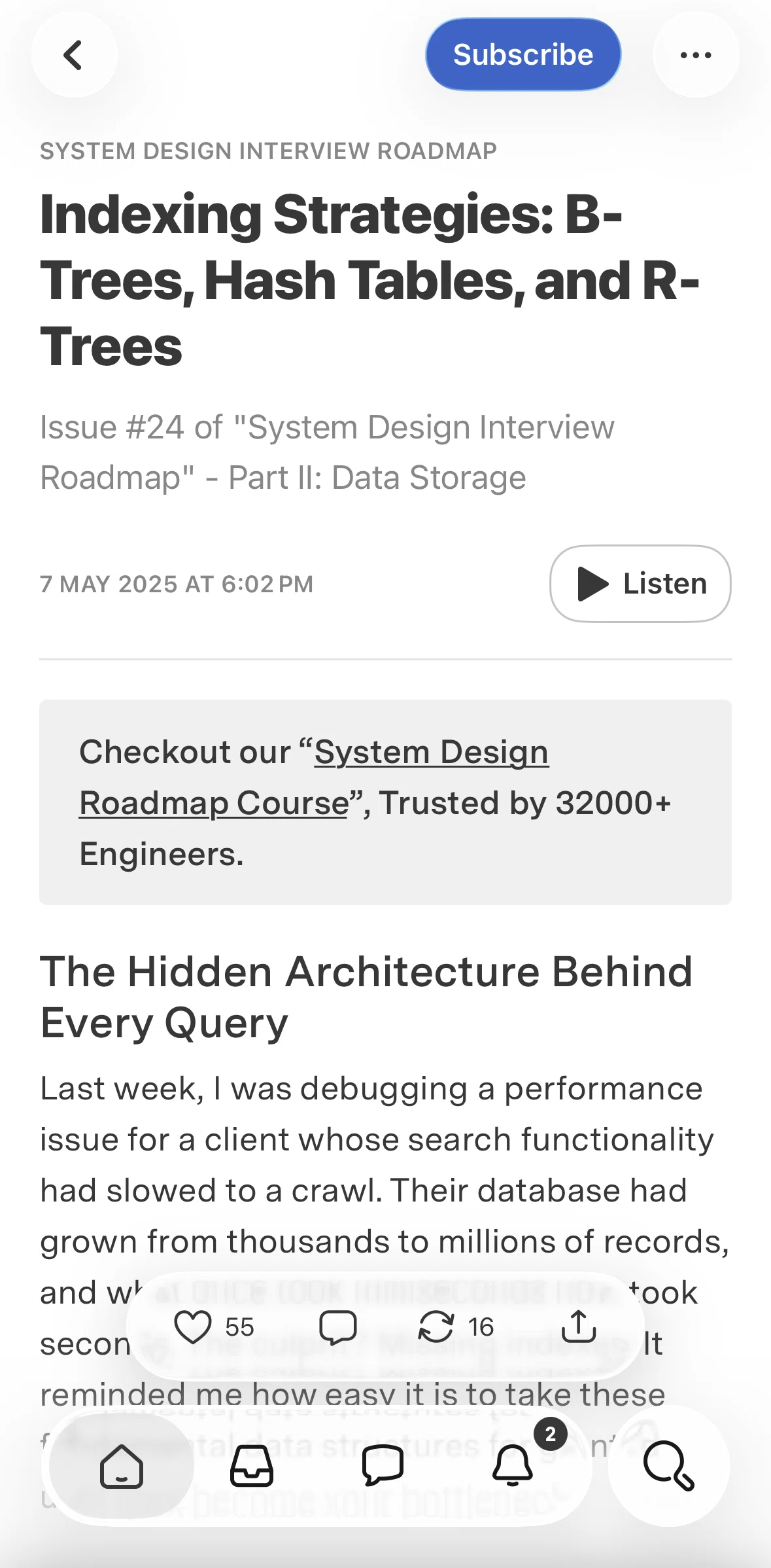 Substack Screen screen in the Liking an article flow