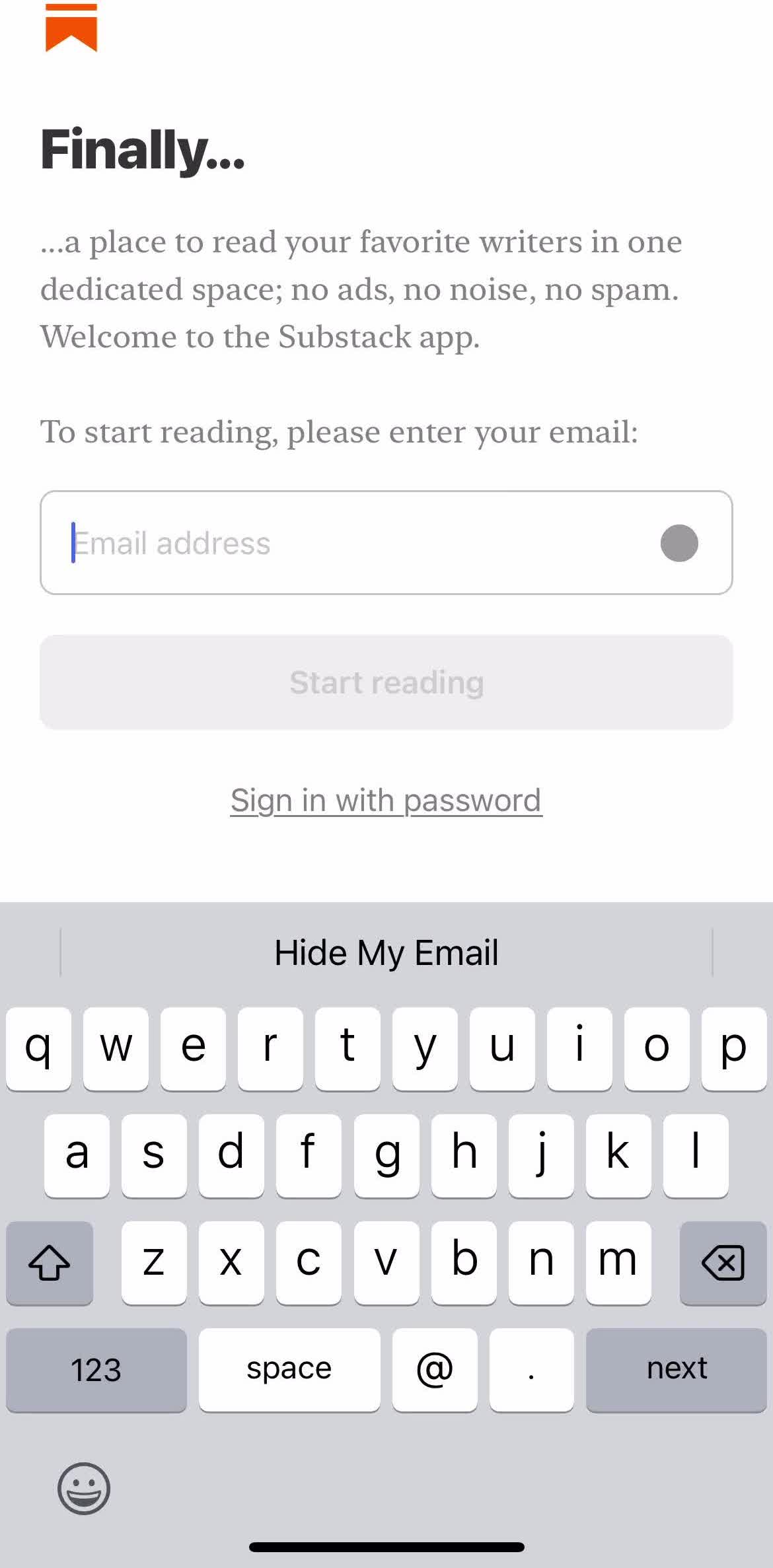 Substack Enter email screen in the Logging In flow
