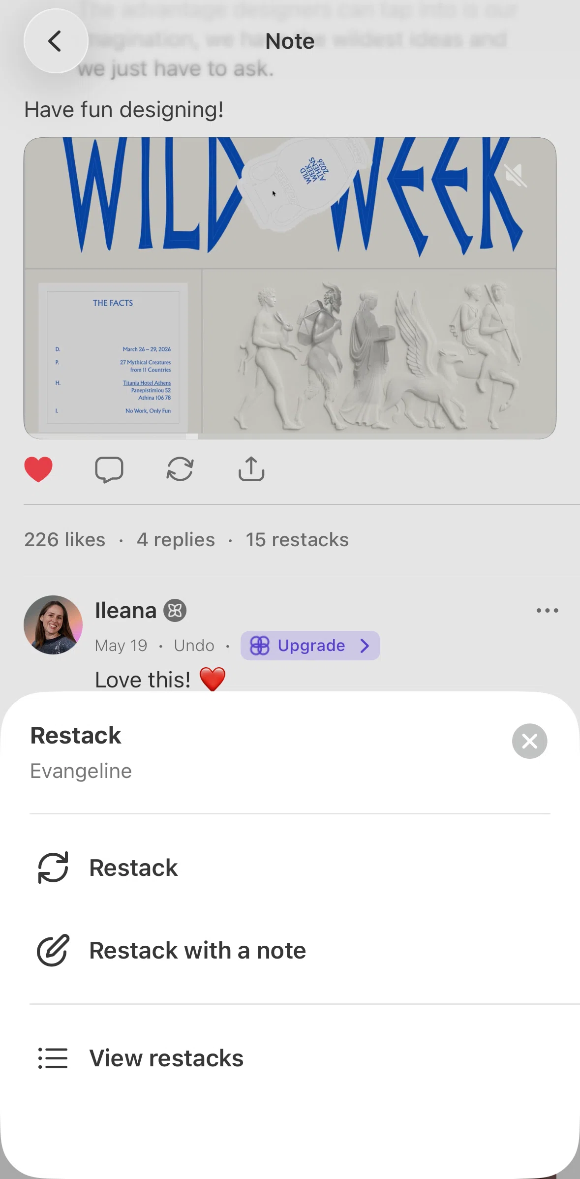 Substack Screen screen in the Restacking with a note flow
