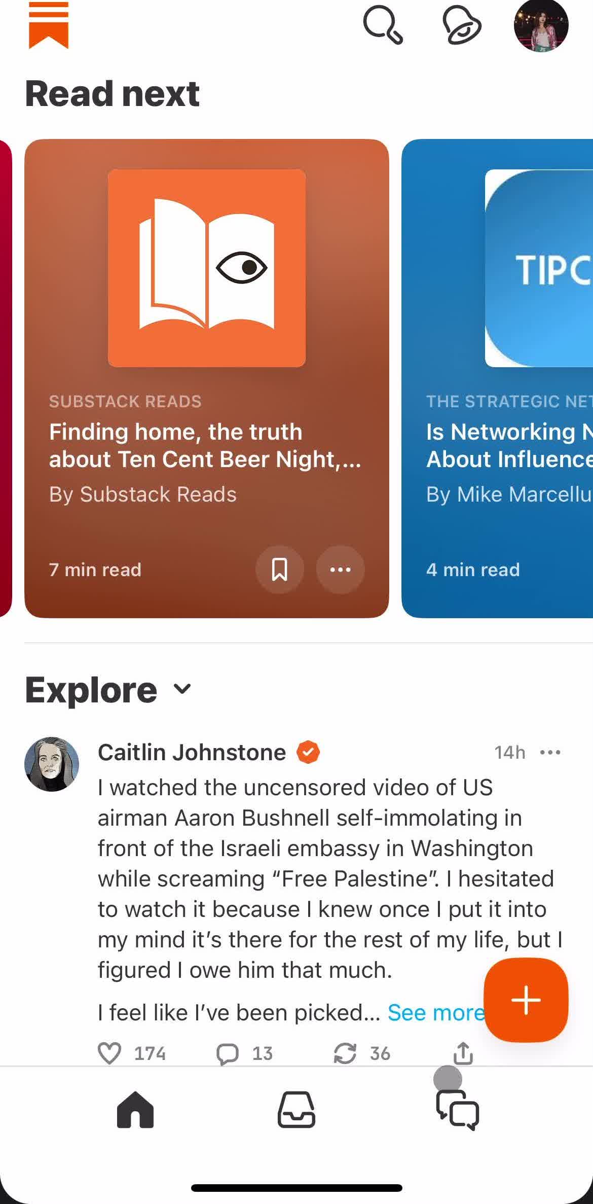 Substack Home screen in the Sending Messages flow