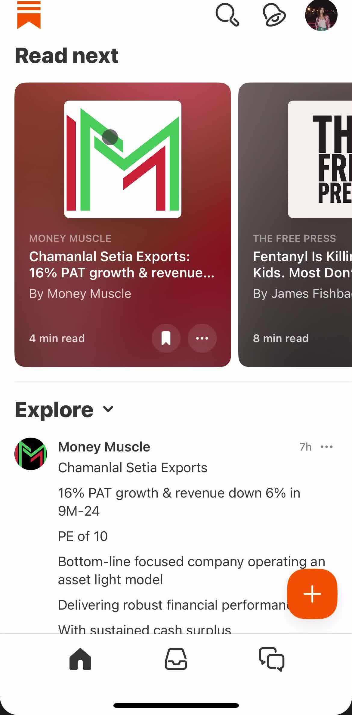 Substack Home screen in the Sharing flow