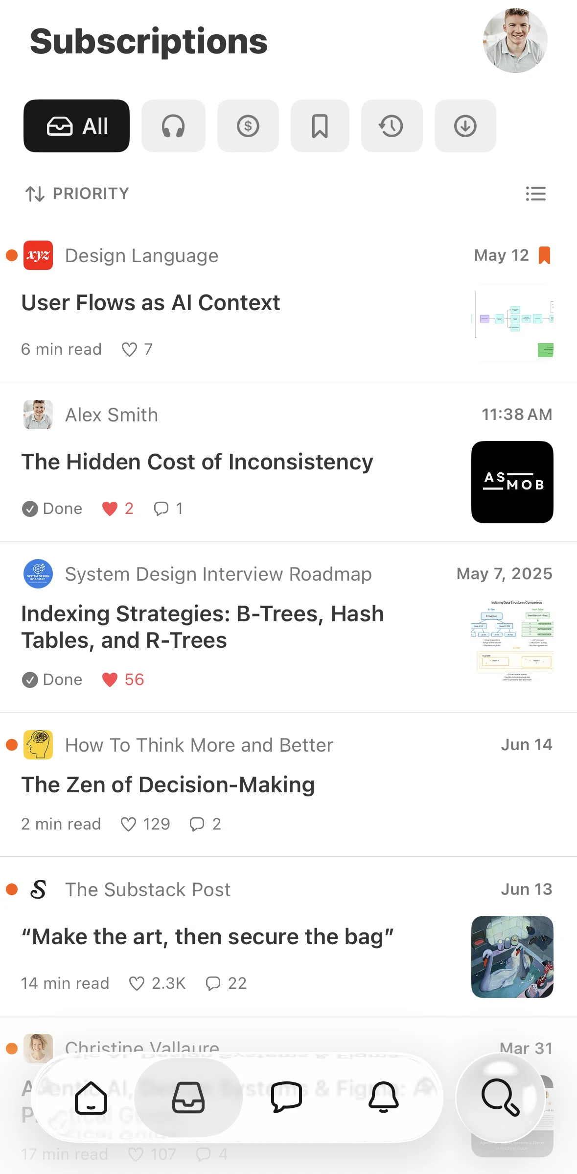 Substack Screen screen in the Sorting subscriptions flow