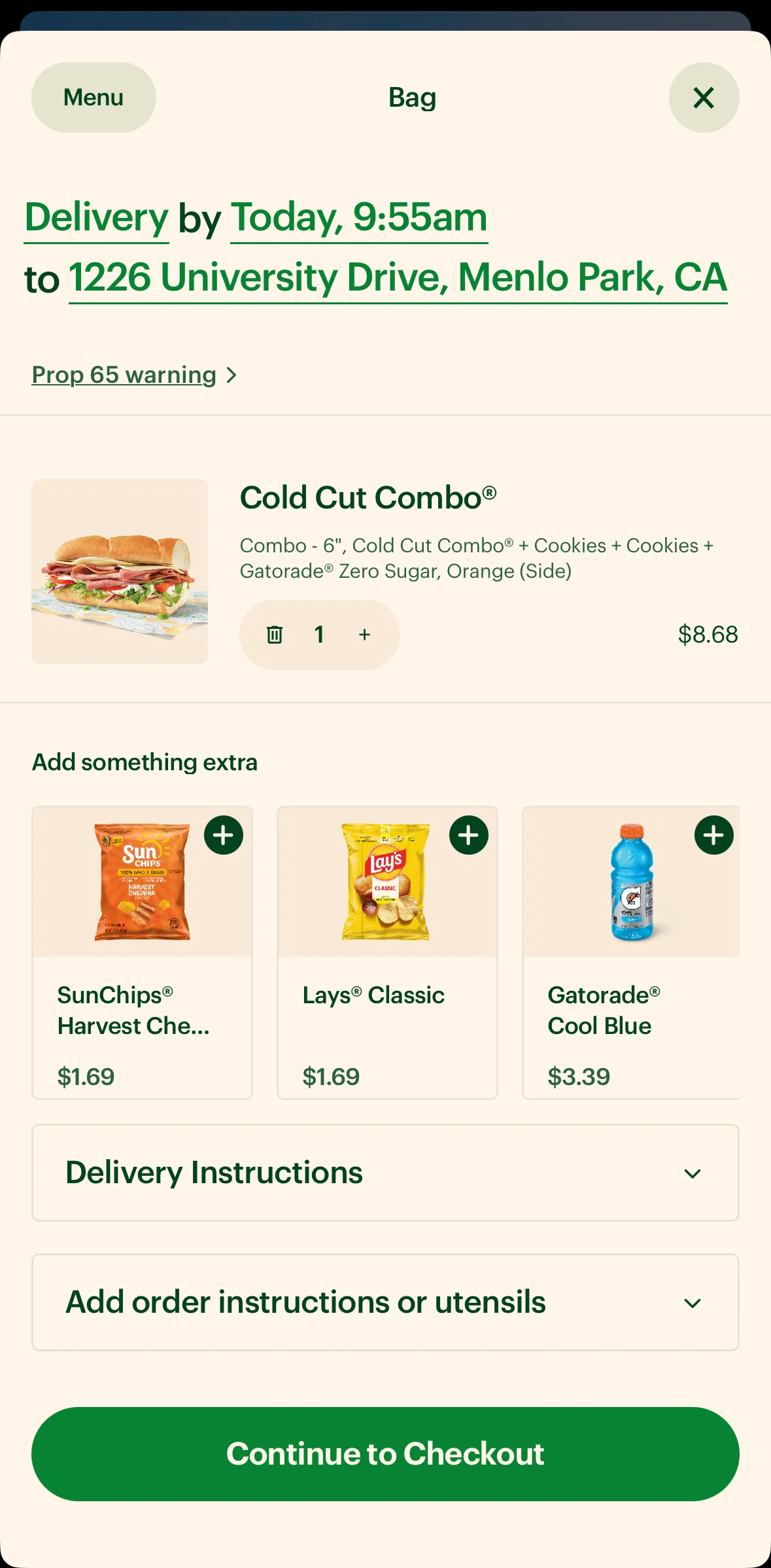 Subway Screen screen in the Adding a delivery instruction flow