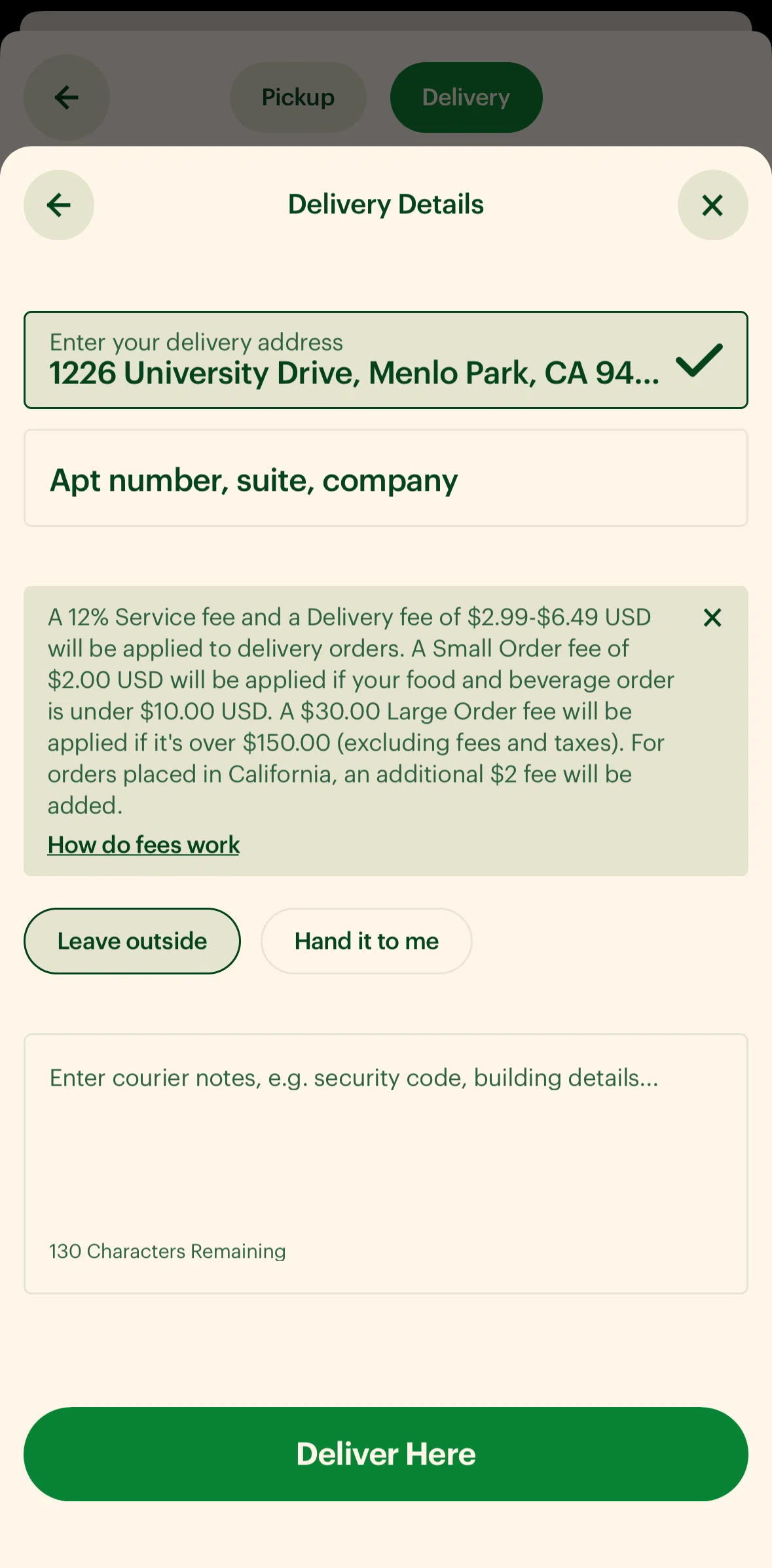 Subway Screen screen in the Delivery fee information flow