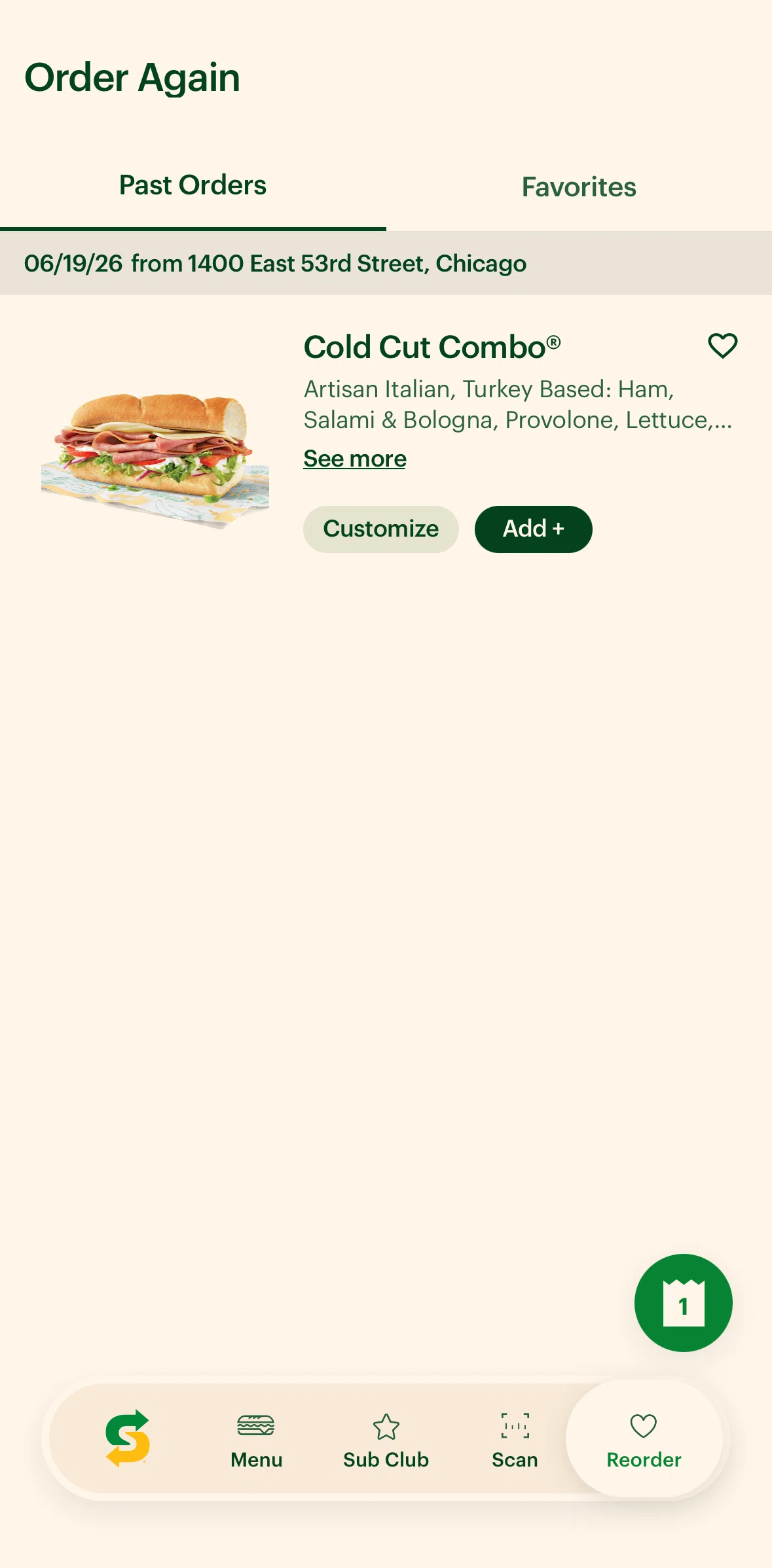 Subway Screen screen in the Favoriting an order flow