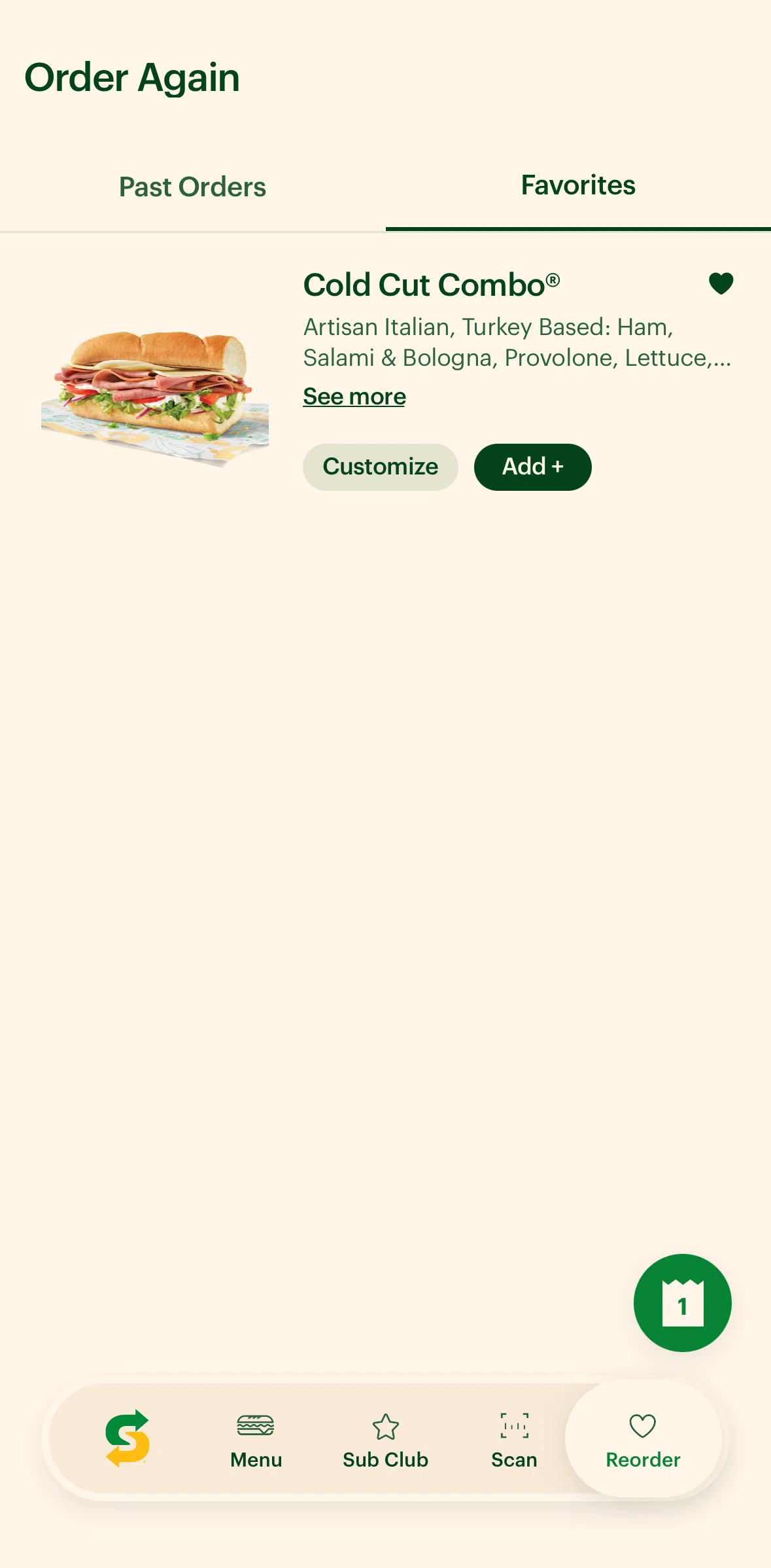 Subway Screen screen in the Removing an order from favorites flow
