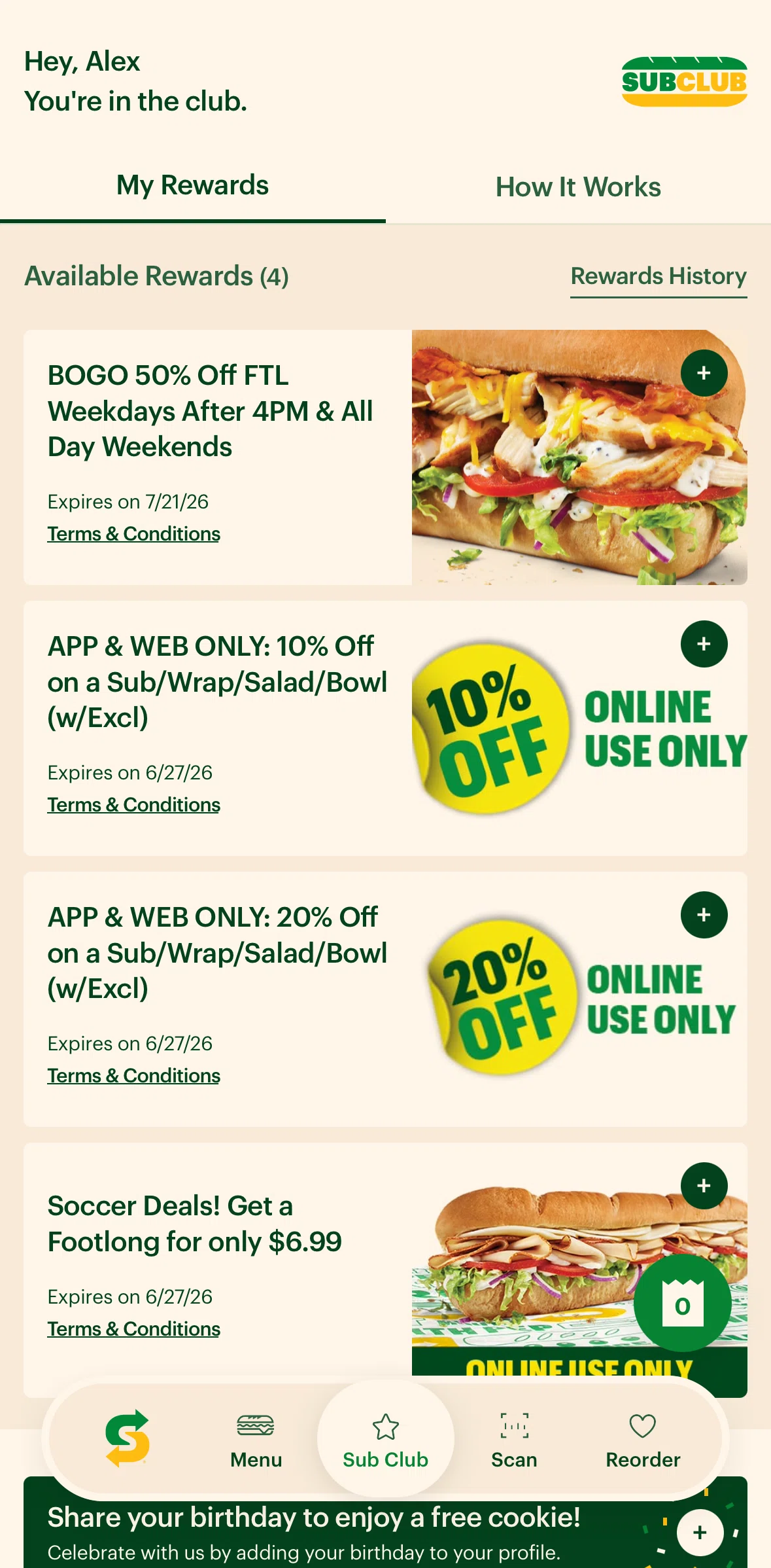 Subway Screen screen in the Rewards history flow