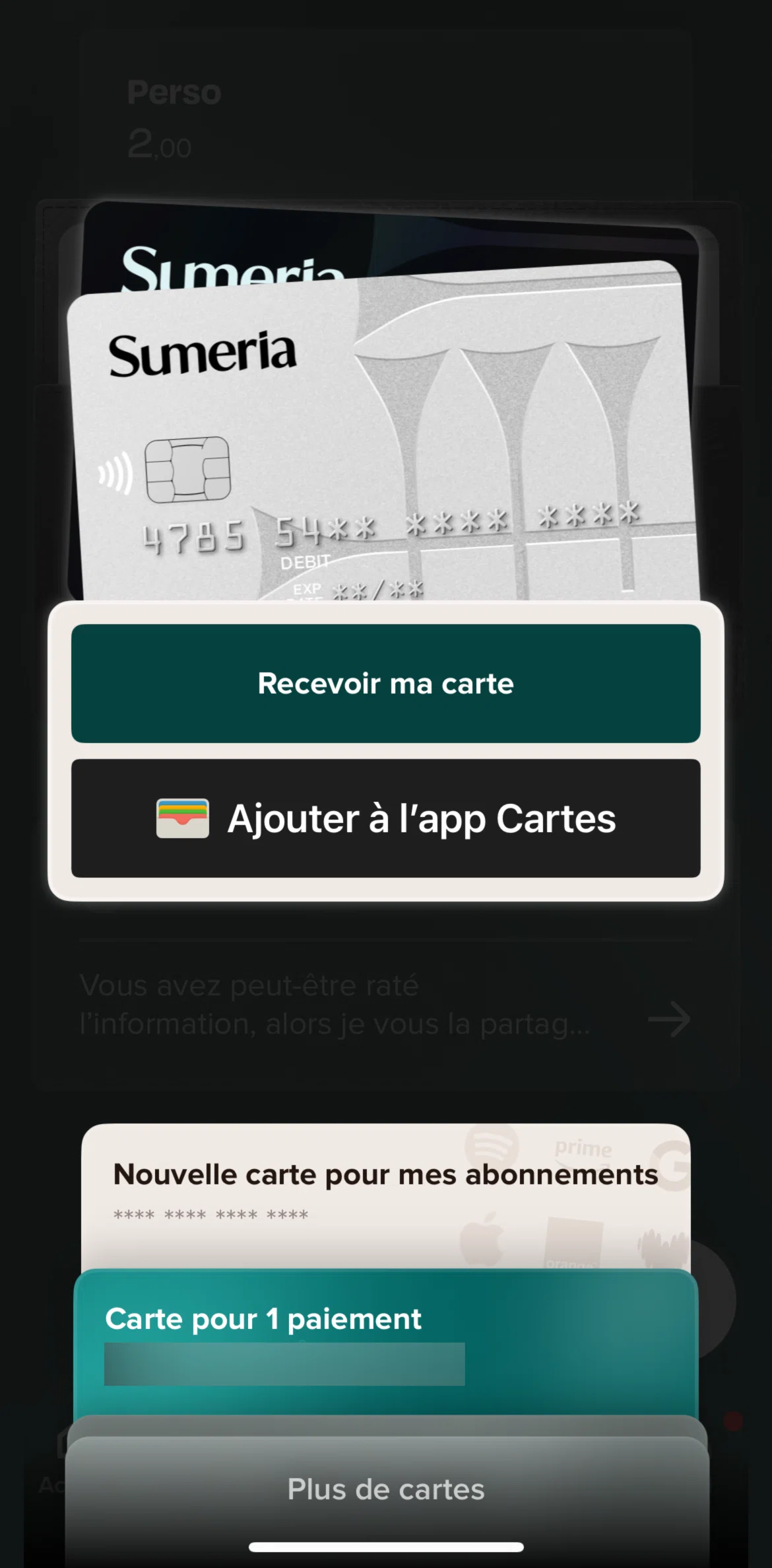 Sumeria Screen screen in the Create a card flow