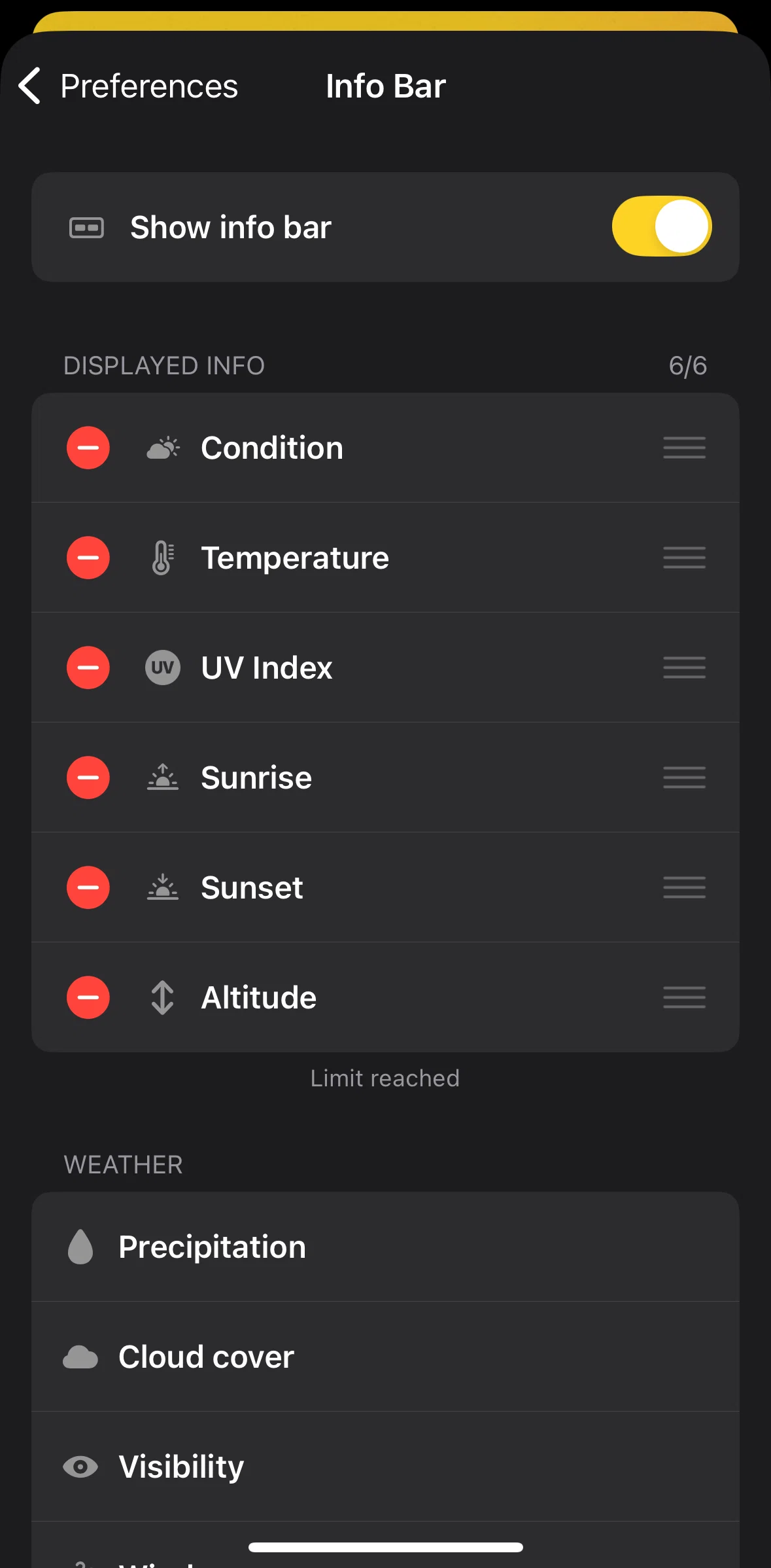 Sunlitt Screen screen in the Reordering displayed info flow