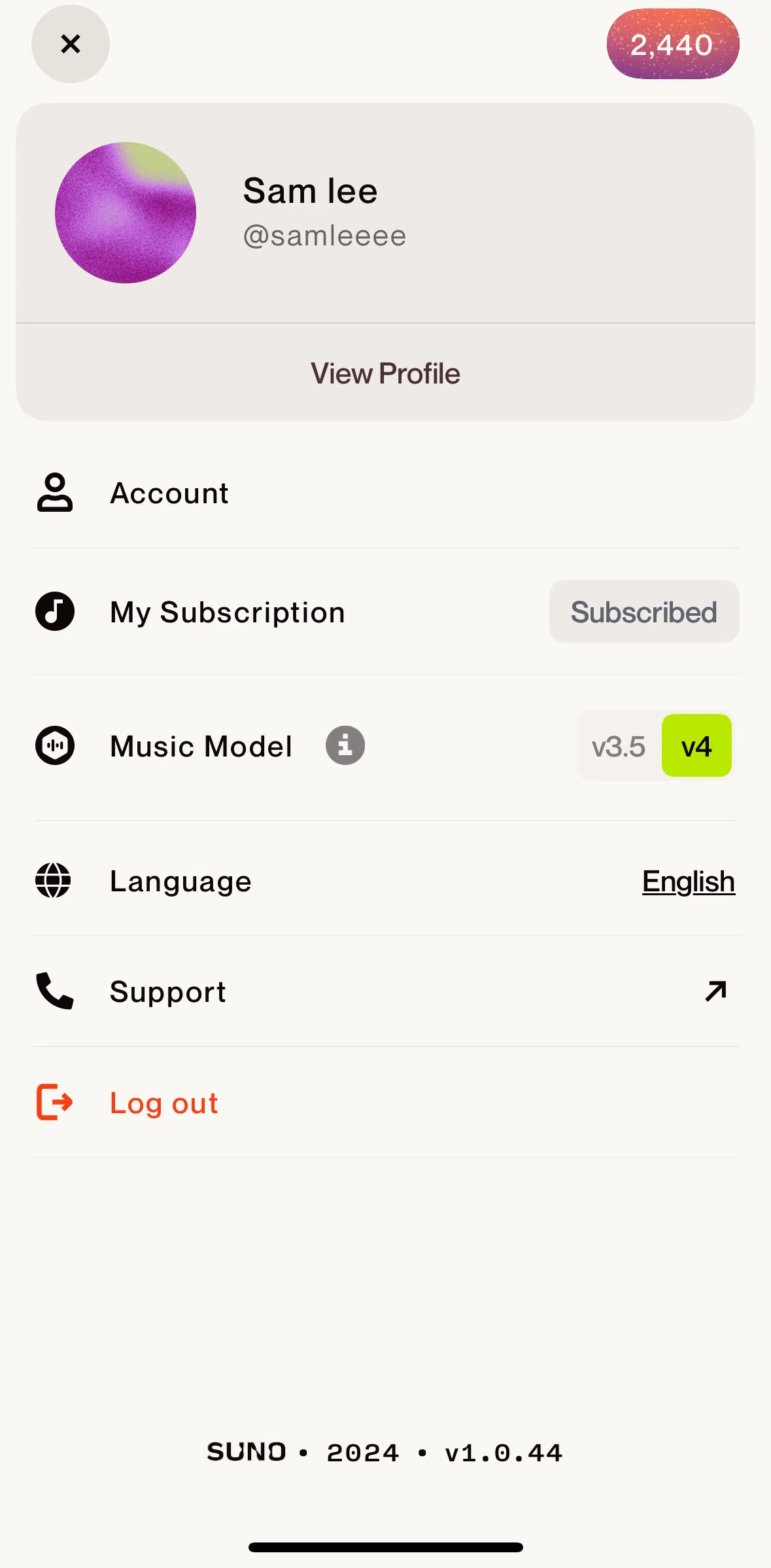 Suno Screen screen in the Account flow