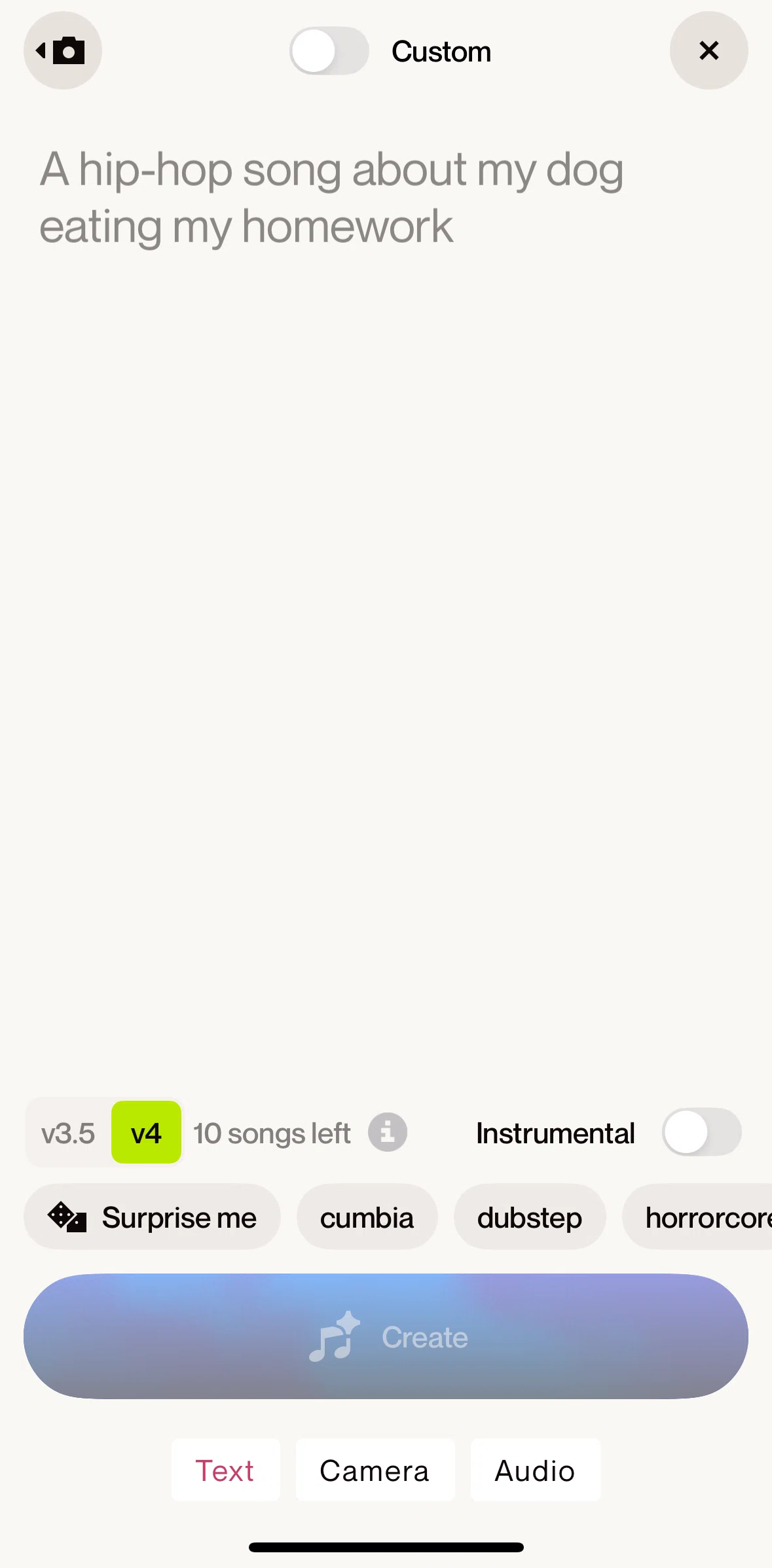 Suno Screen screen in the Creating a song (audio) flow