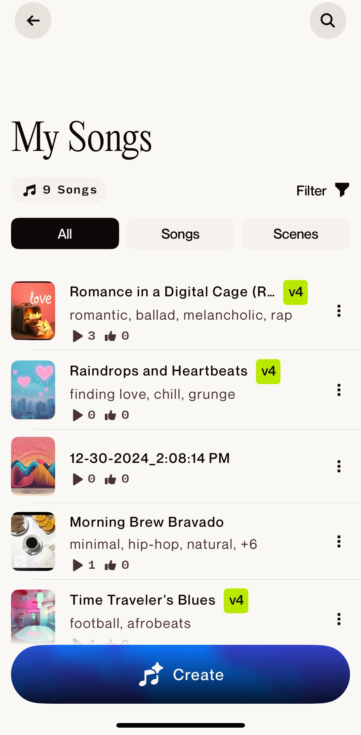 Suno Screen screen in the Filtering songs flow