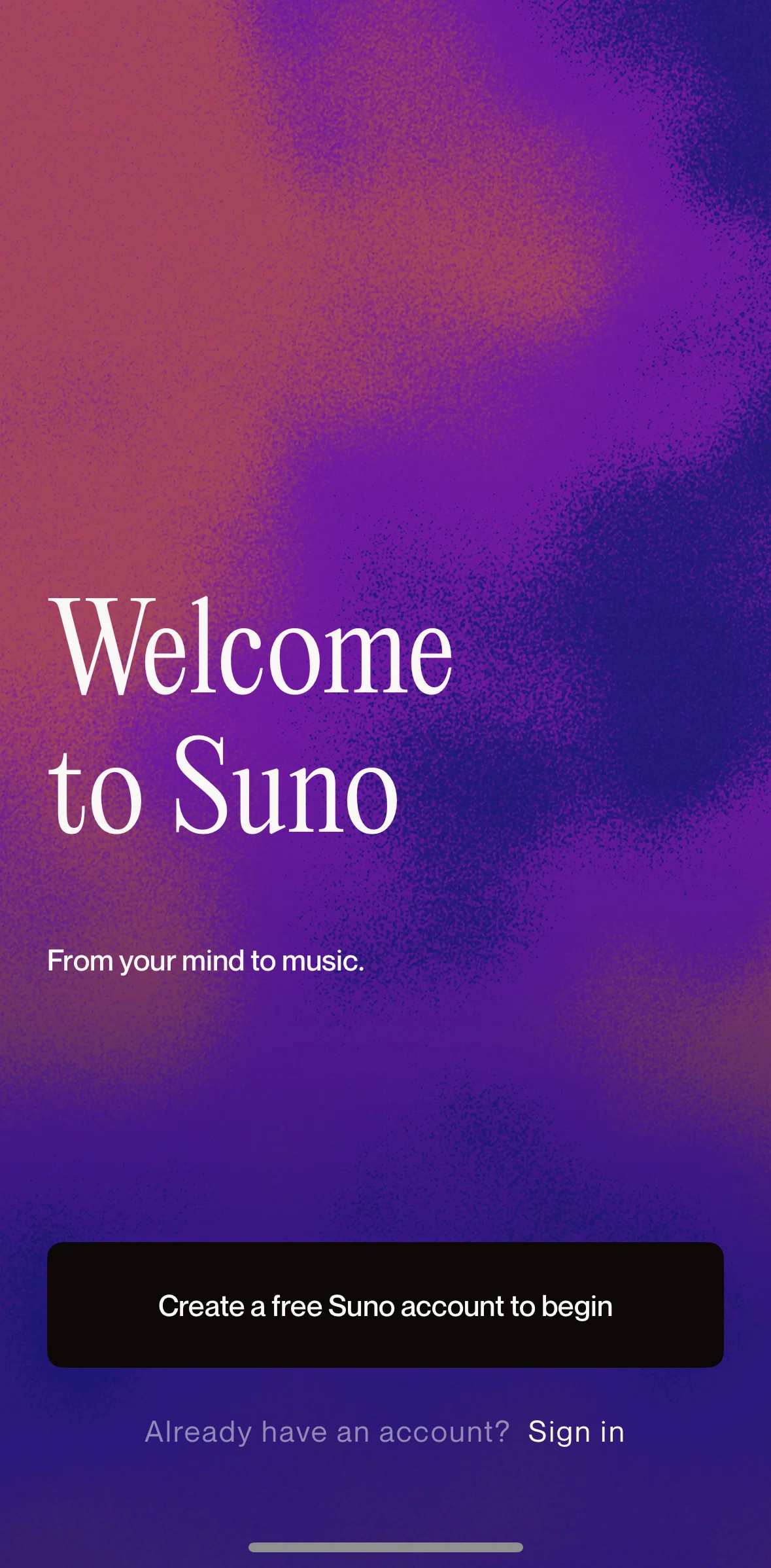 Suno Screen screen in the Logging in flow