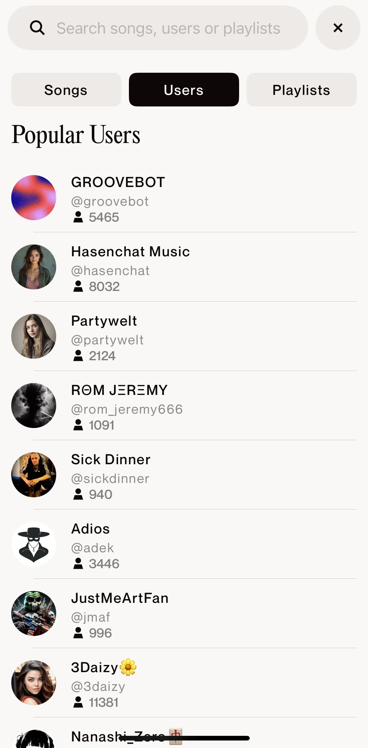 Suno Screen screen in the View user profile flow