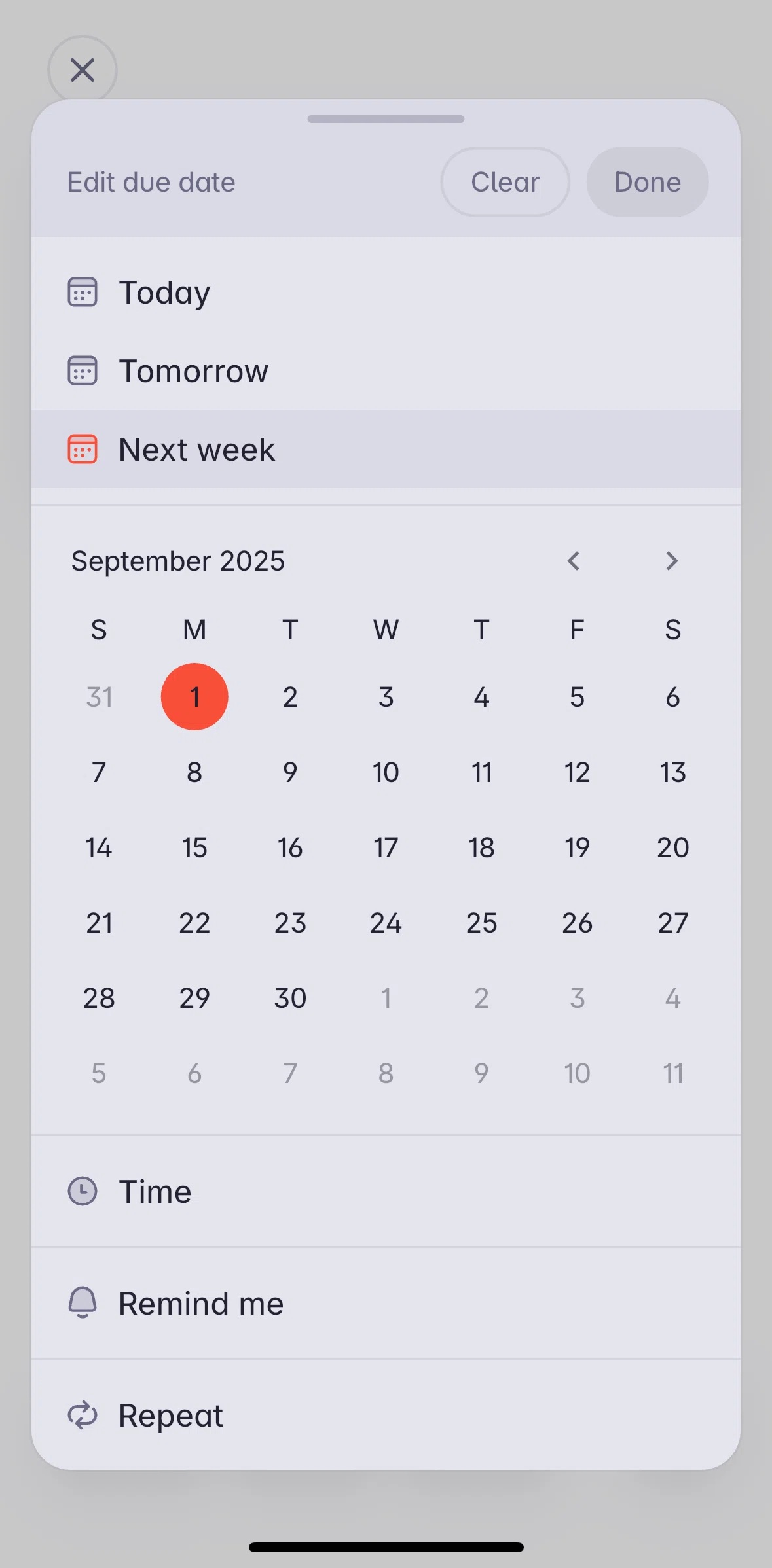 Superlist Screen screen in the Adding a reminder flow