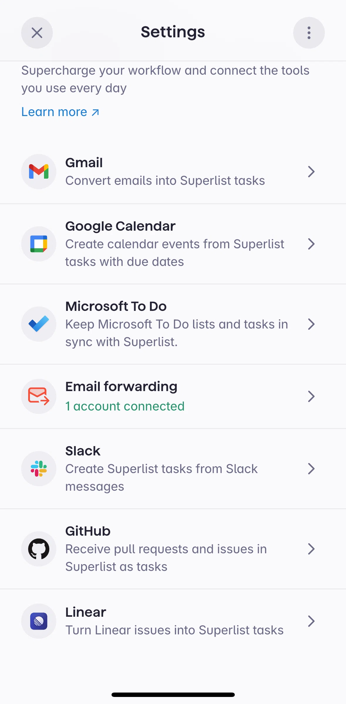 Superlist Screen screen in the Email forwarding flow