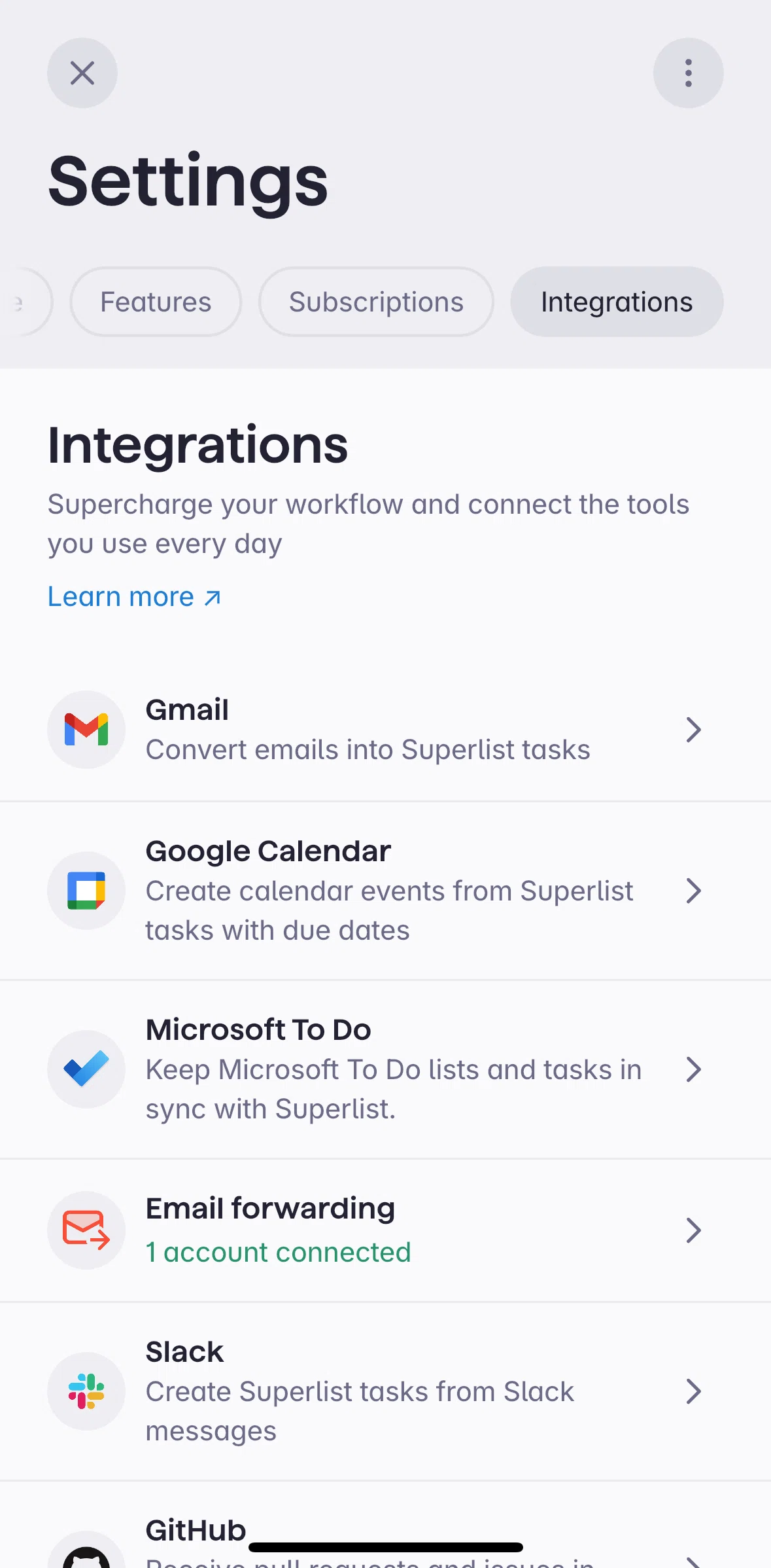 Superlist Screen screen in the Integrations flow