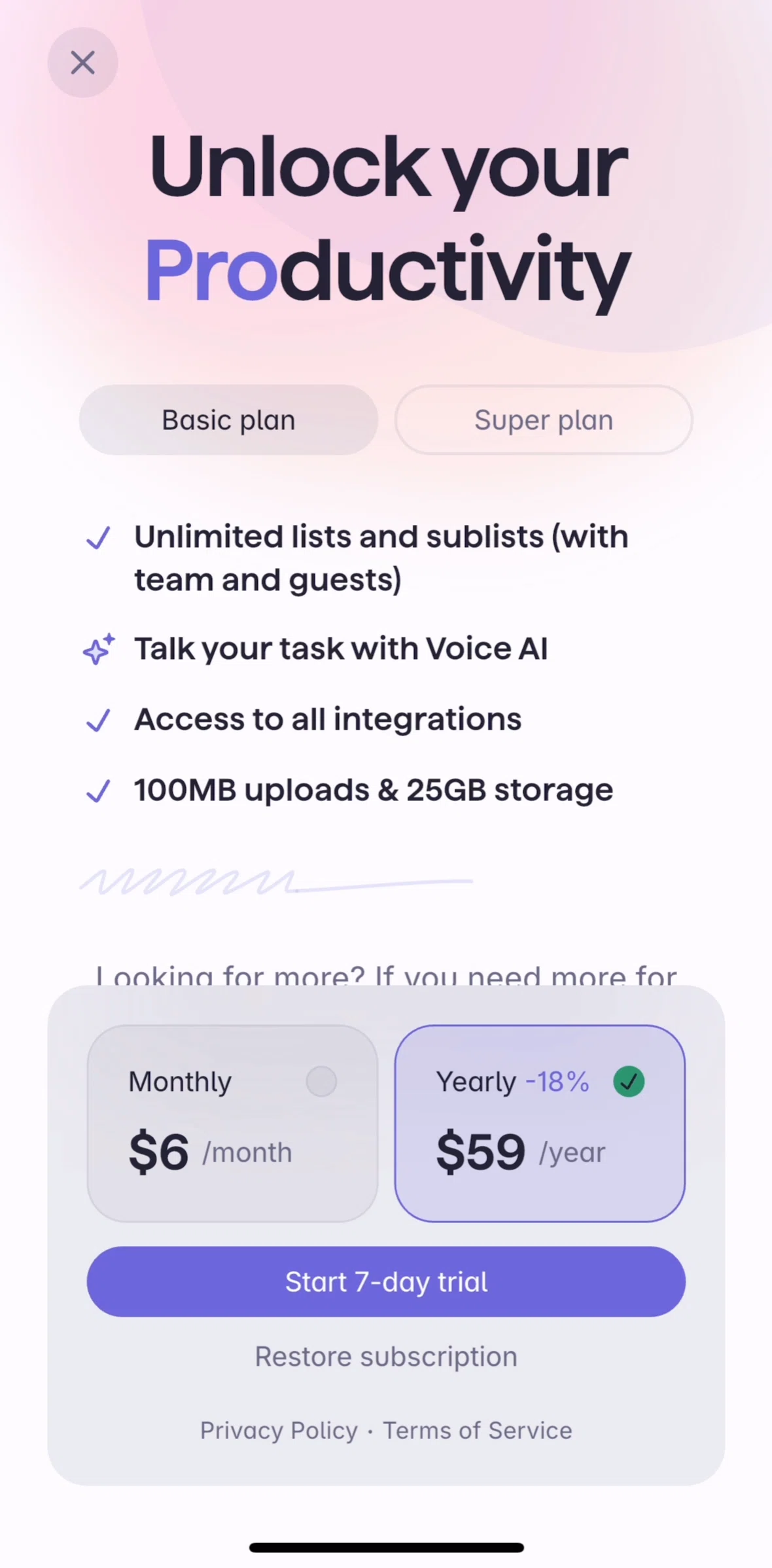 Superlist Screen screen in the Subscribing to Superlist Pro flow
