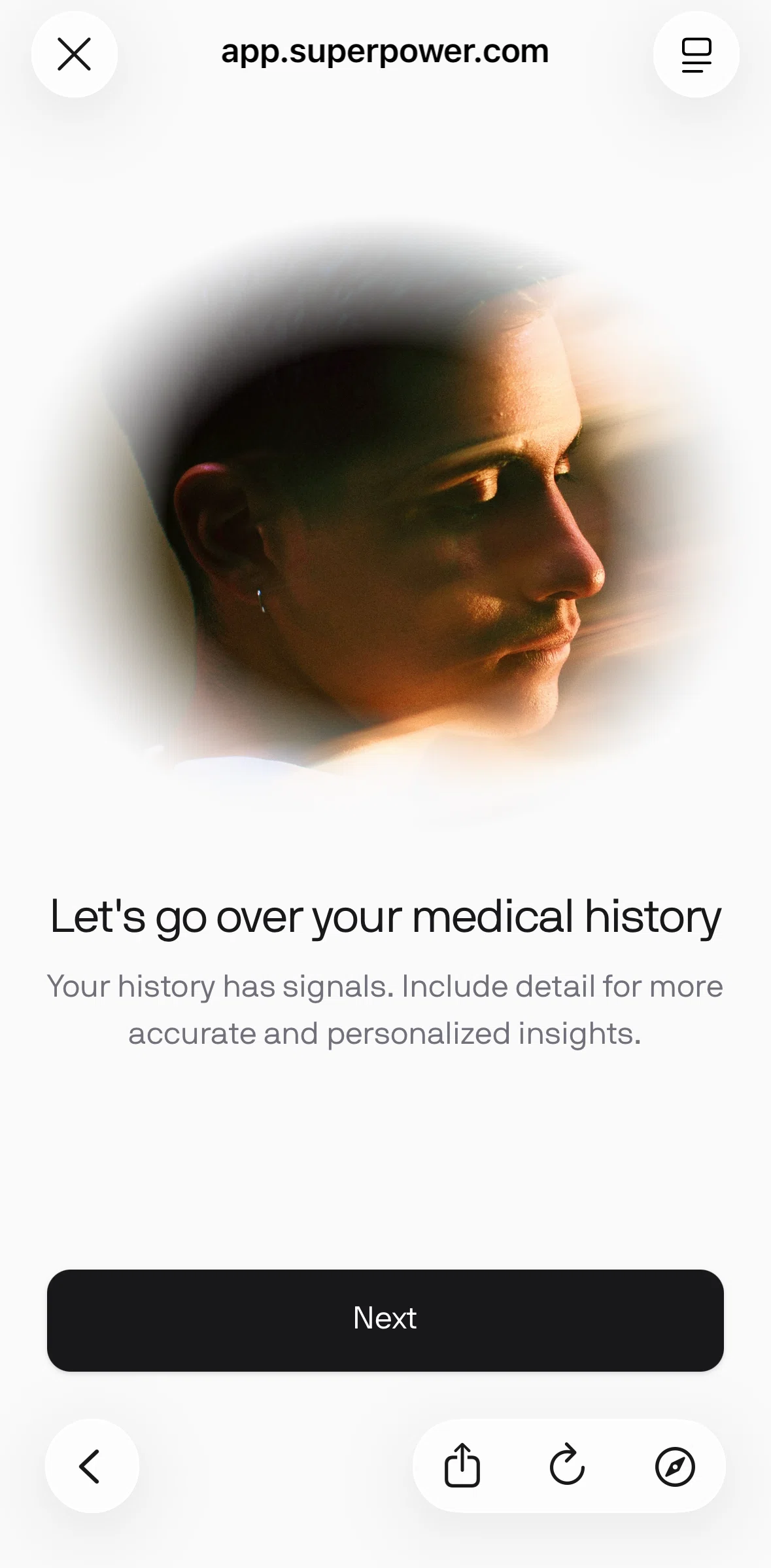 Superpower Screen screen in the Adding medical history flow