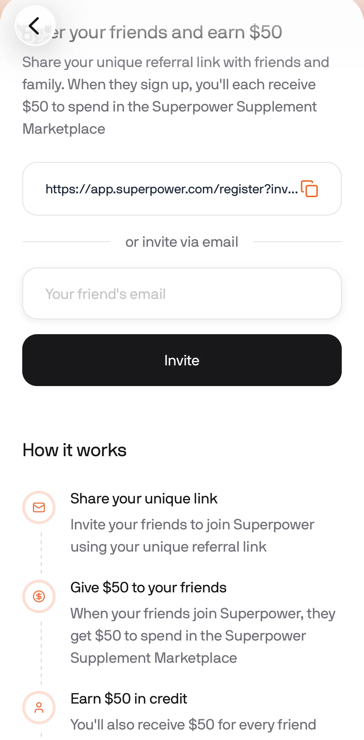Superpower Screen screen in the Inviting a friend flow