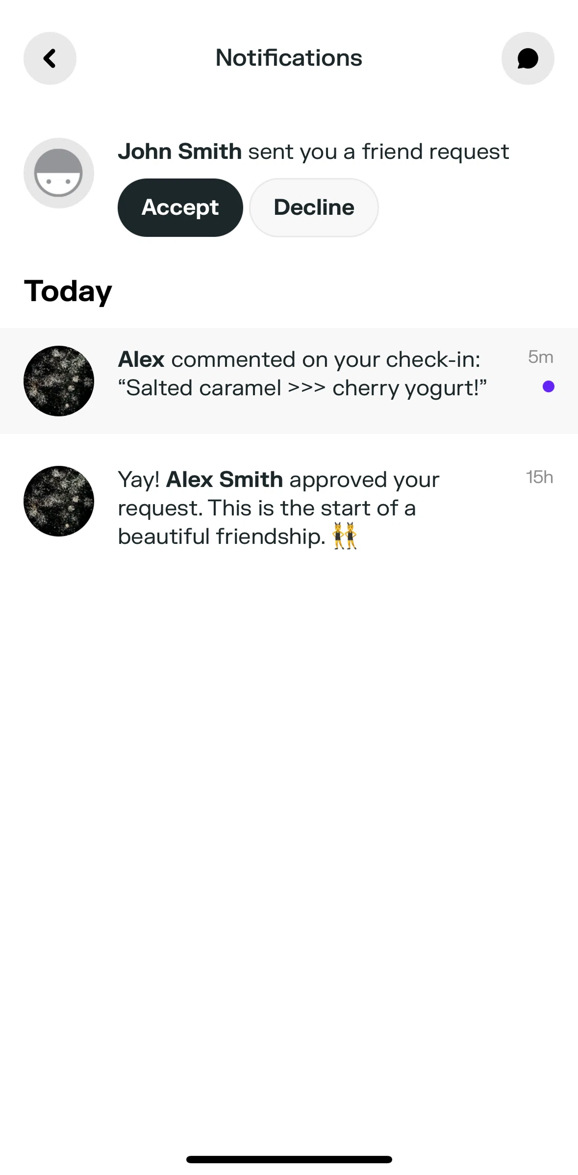 Swarm Screen screen in the Accepting a friend request flow