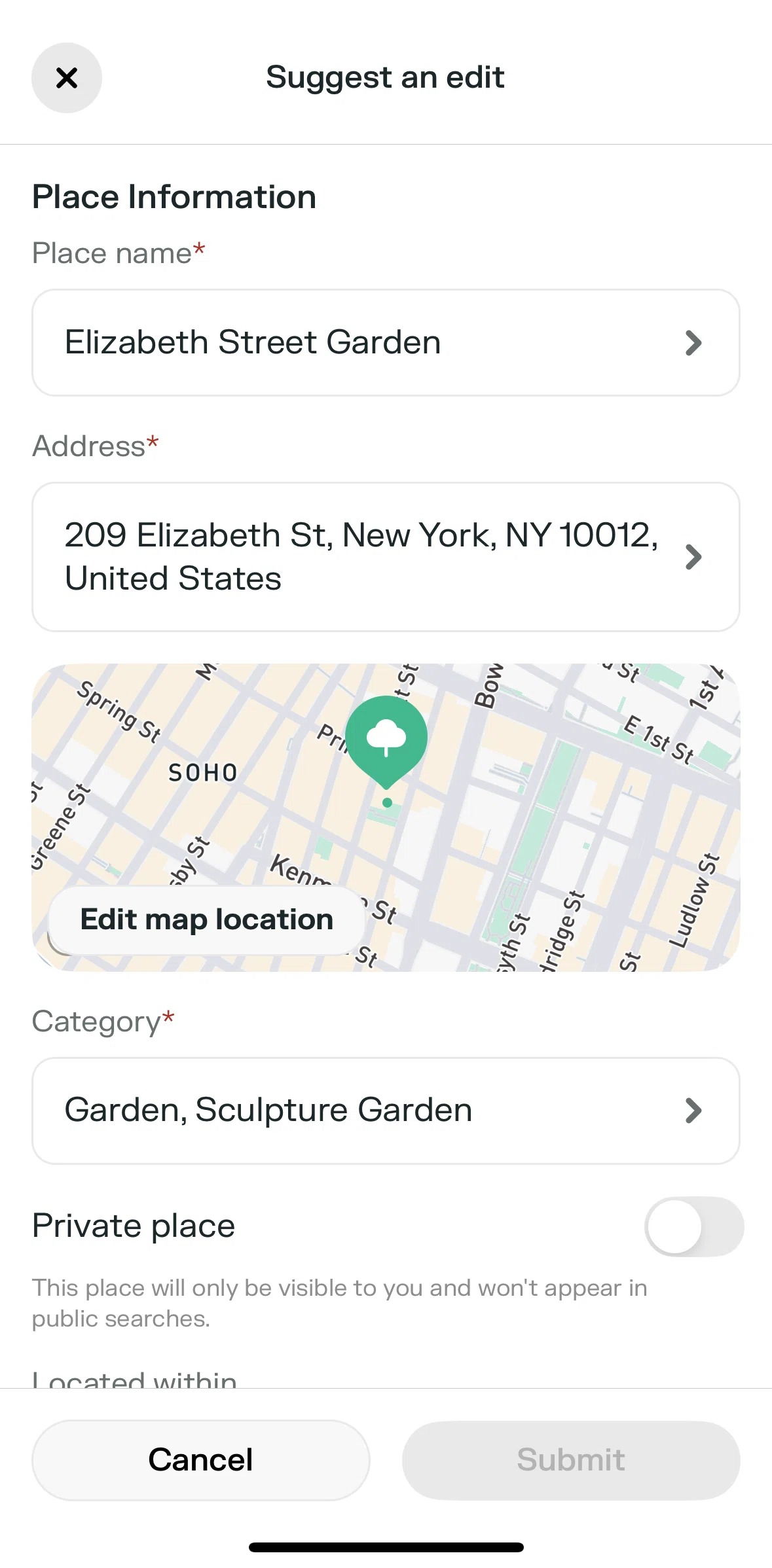 Swarm Screen screen in the Editing a place name flow