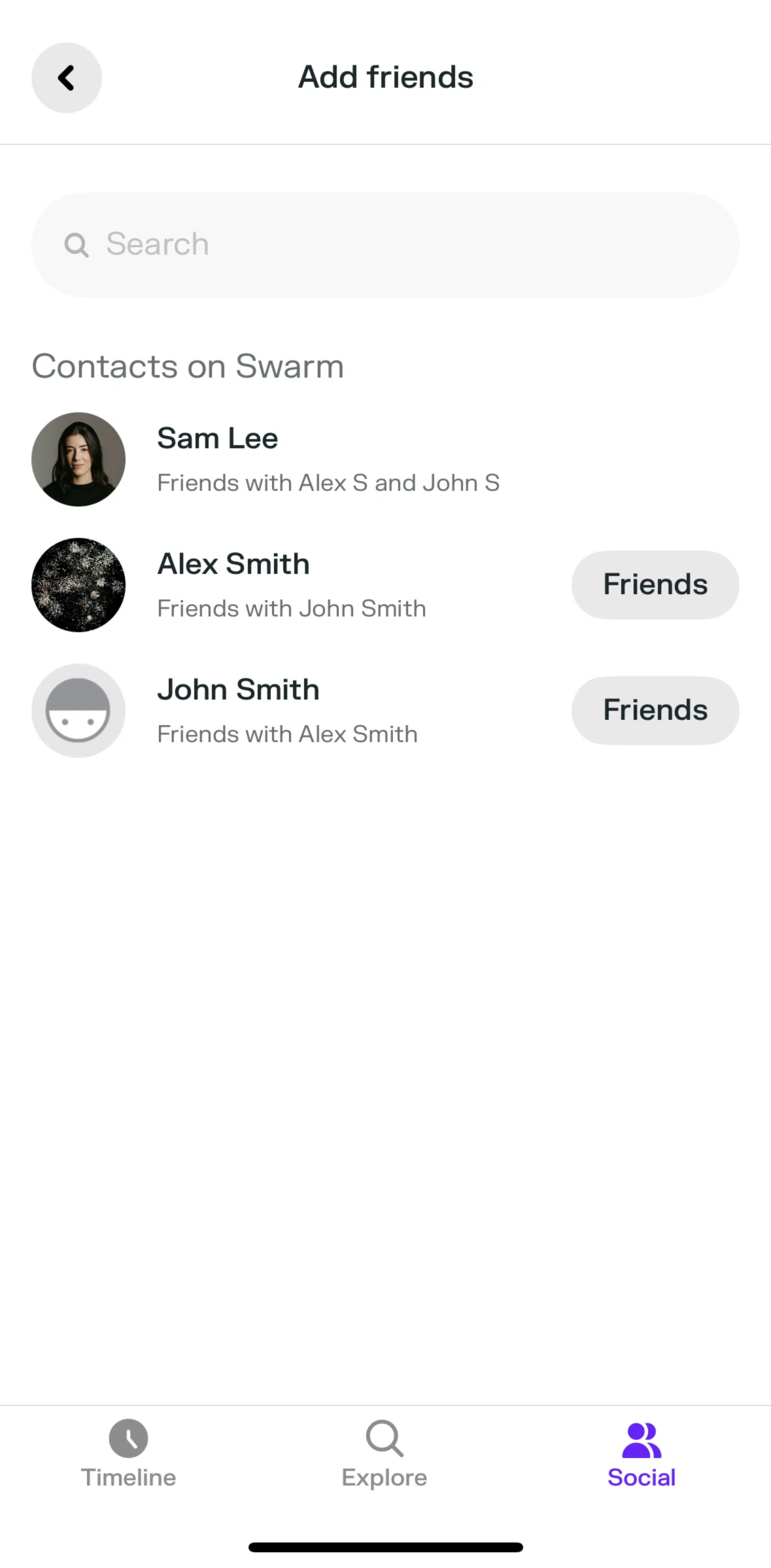 Swarm Screen screen in the Searching users flow