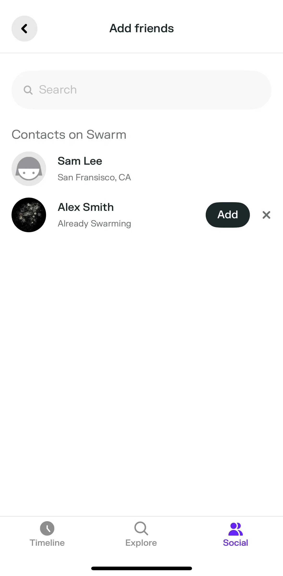 Swarm Screen screen in the User profile flow