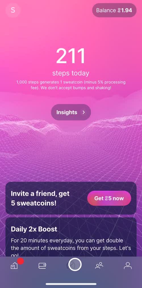 Sweatcoin Dashboard screen in the Adding A Friend flow